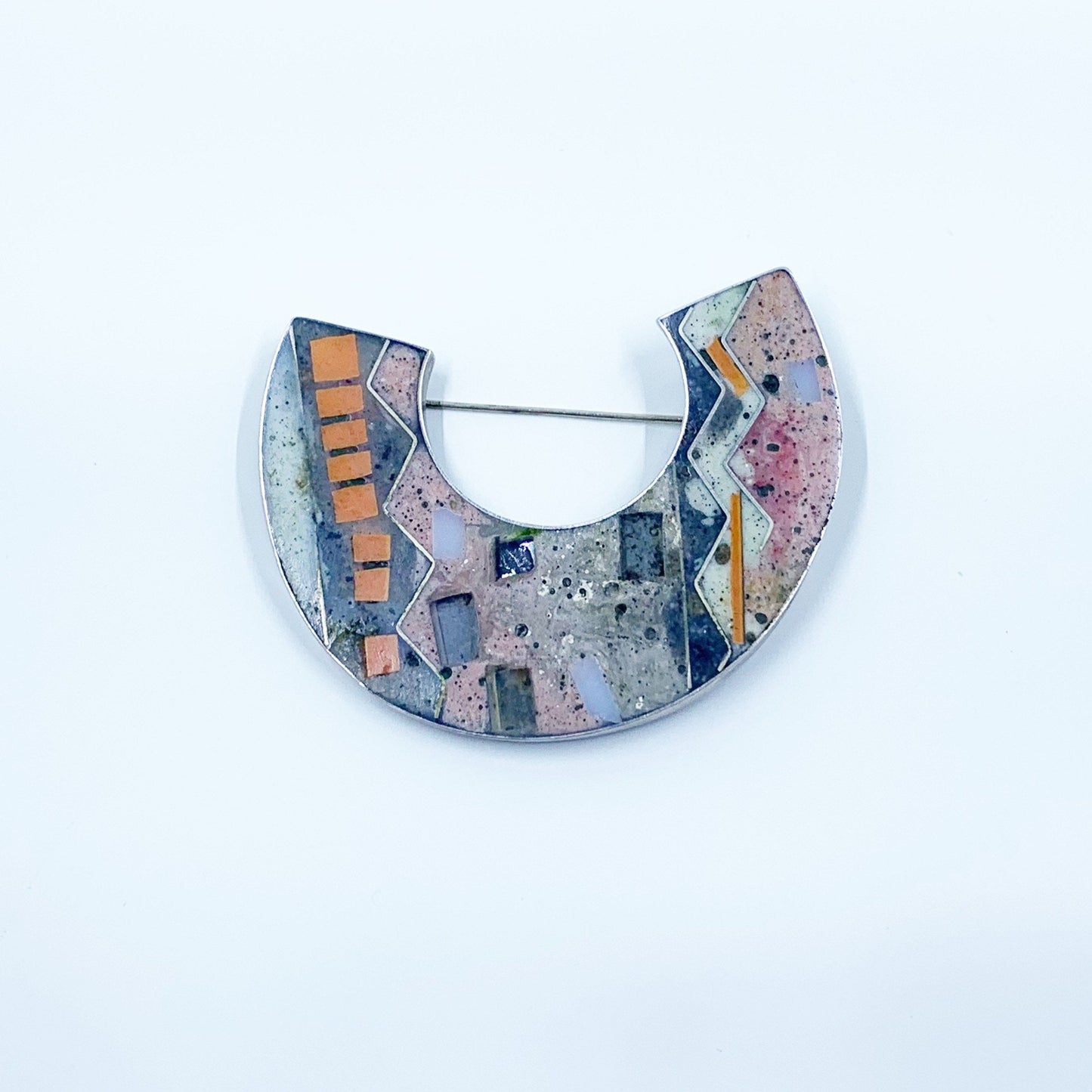 Vintage Silver Modernist Cloisonne Brooch | Abstract Inlay Geometric Brooch