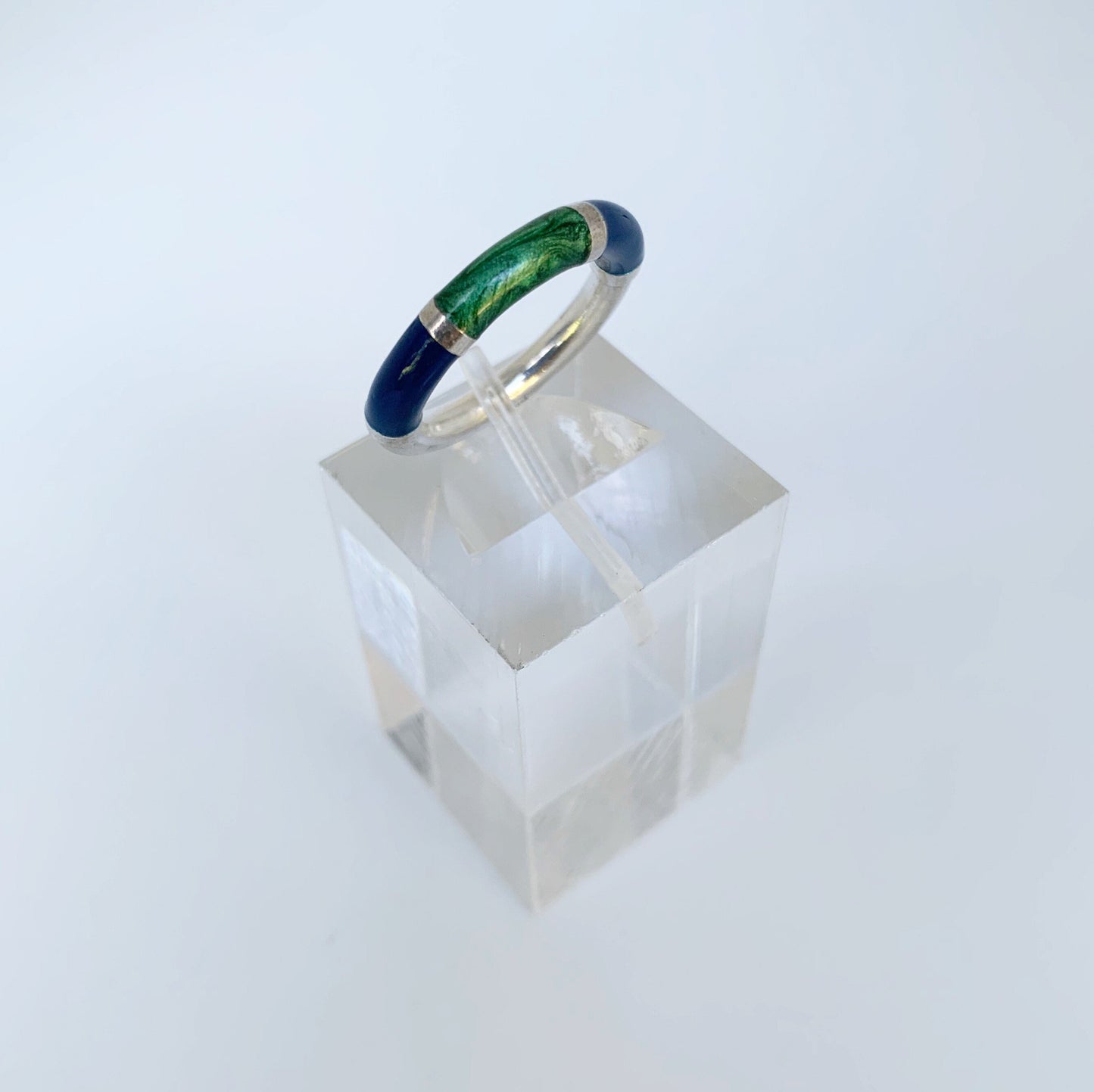 Silver Blue and Green Enamel Ring | Enamel Stackable Silver Ring | Size 5 3/4 Ring