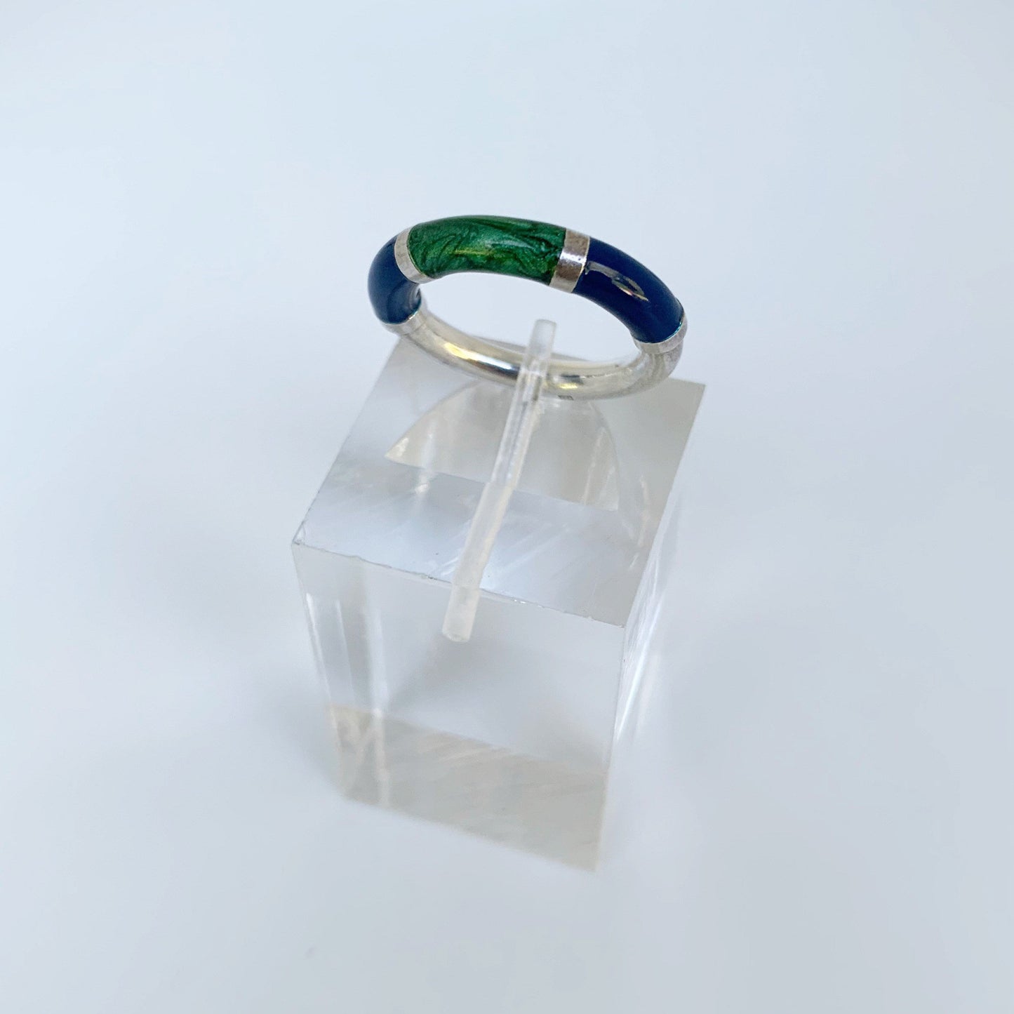 Silver Blue and Green Enamel Ring | Enamel Stackable Silver Ring | Size 5 3/4 Ring