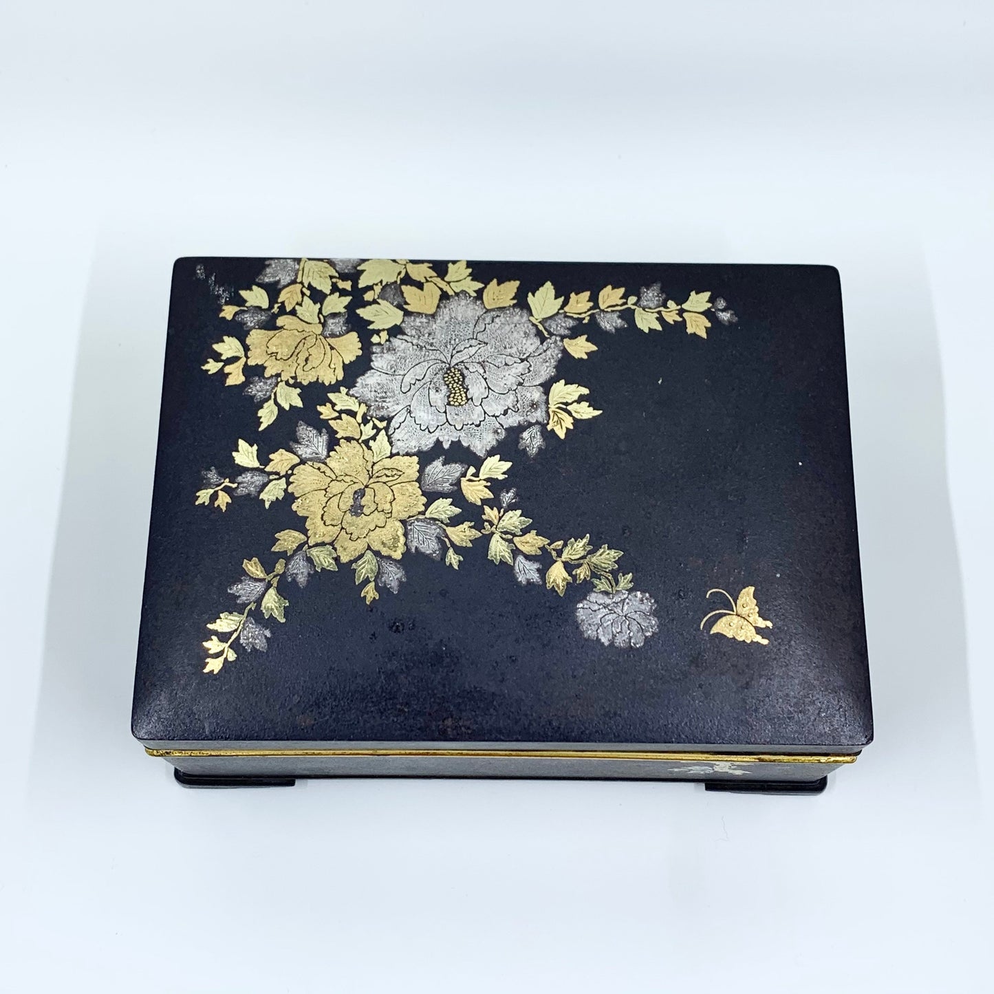 Vintage Japanese Amita Damascene Iron Box | Amita Japan Damascene Komai Style Box | Gold and Silver Inlay