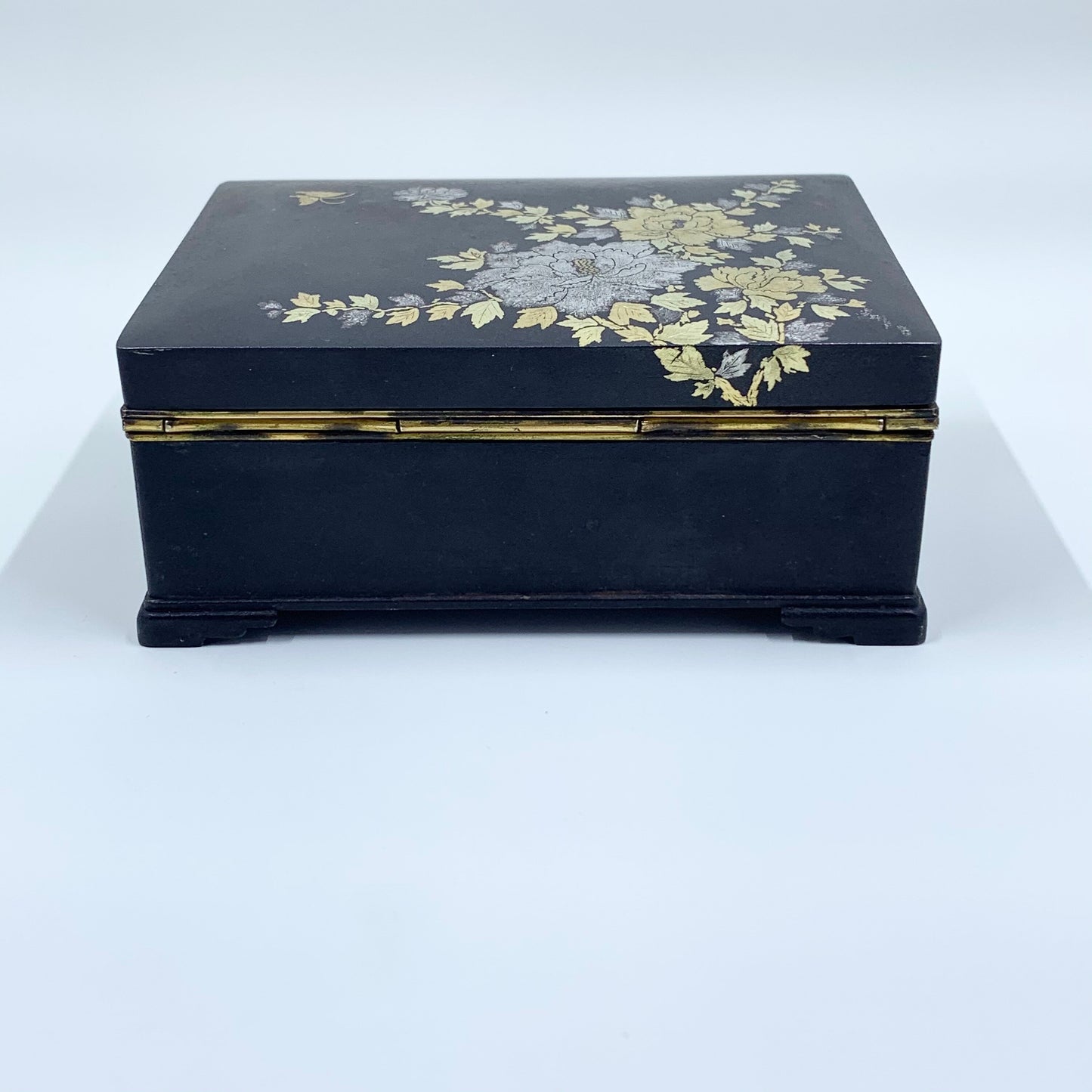 Vintage Japanese Amita Damascene Iron Box | Amita Japan Damascene Komai Style Box | Gold and Silver Inlay