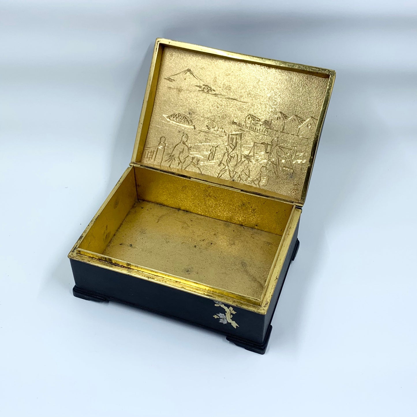 Vintage Japanese Amita Damascene Iron Box | Amita Japan Damascene Komai Style Box | Gold and Silver Inlay