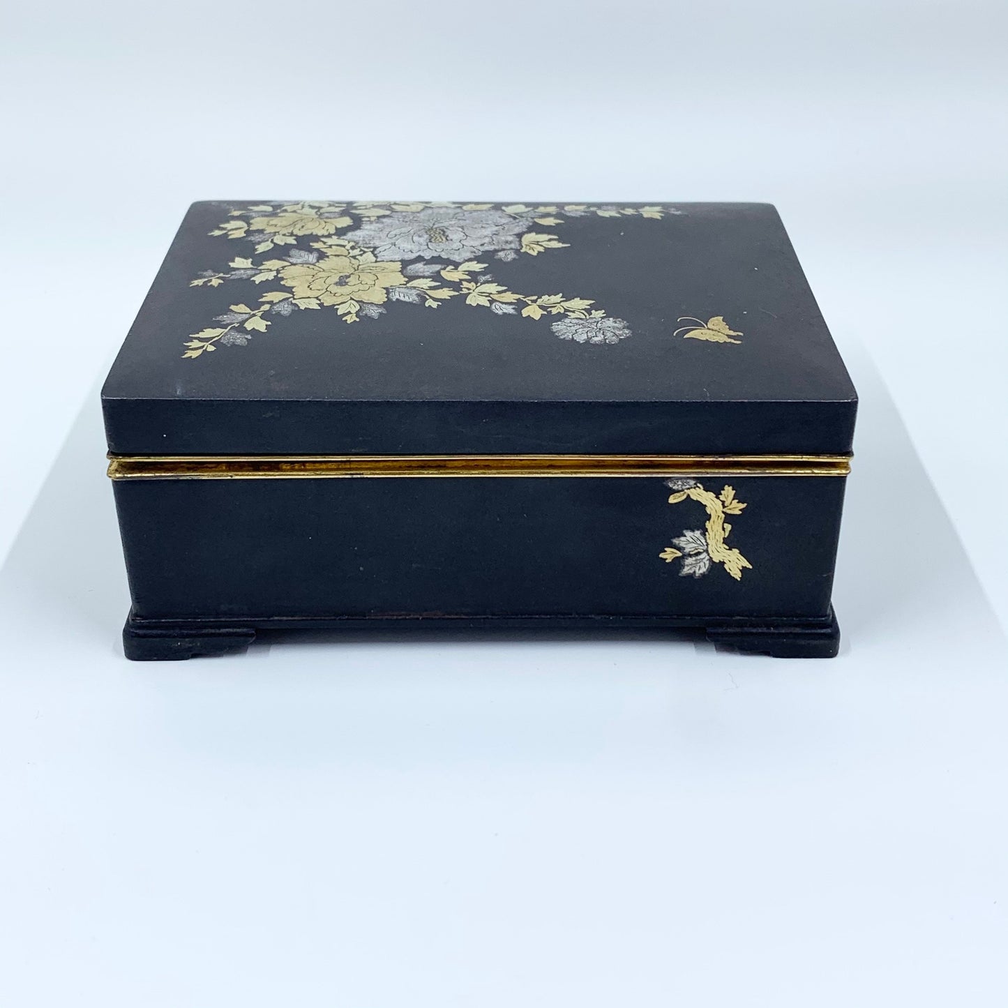 Vintage Japanese Amita Damascene Iron Box | Amita Japan Damascene Komai Style Box | Gold and Silver Inlay