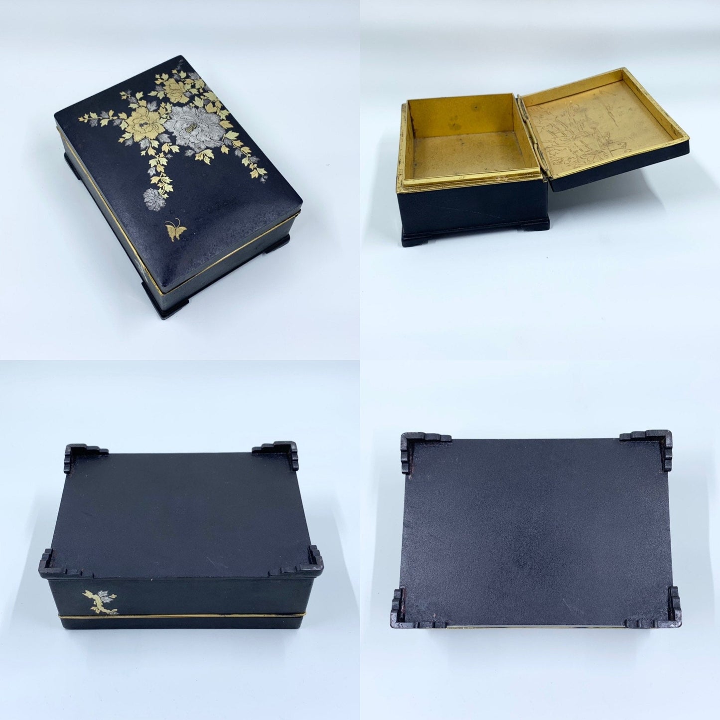 Vintage Japanese Amita Damascene Iron Box | Amita Japan Damascene Komai Style Box | Gold and Silver Inlay