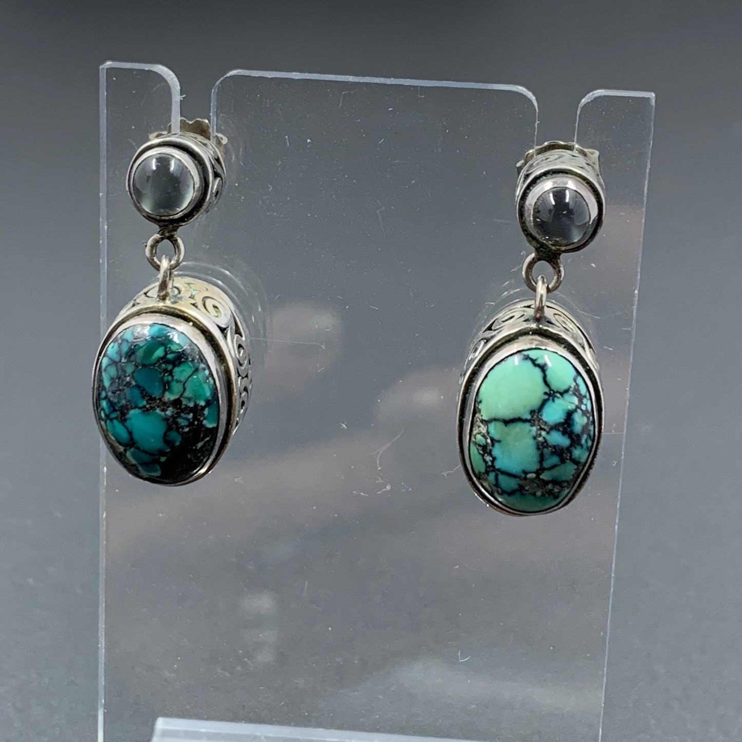 Vintage Silver Moonstone and Turquoise Drop Earrings | Silver Swirl Pattern | Multi-Stone Earrings