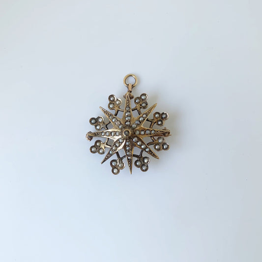 Victorian Seed Pearl Star Brooch | Gold Clover and Star Brooch