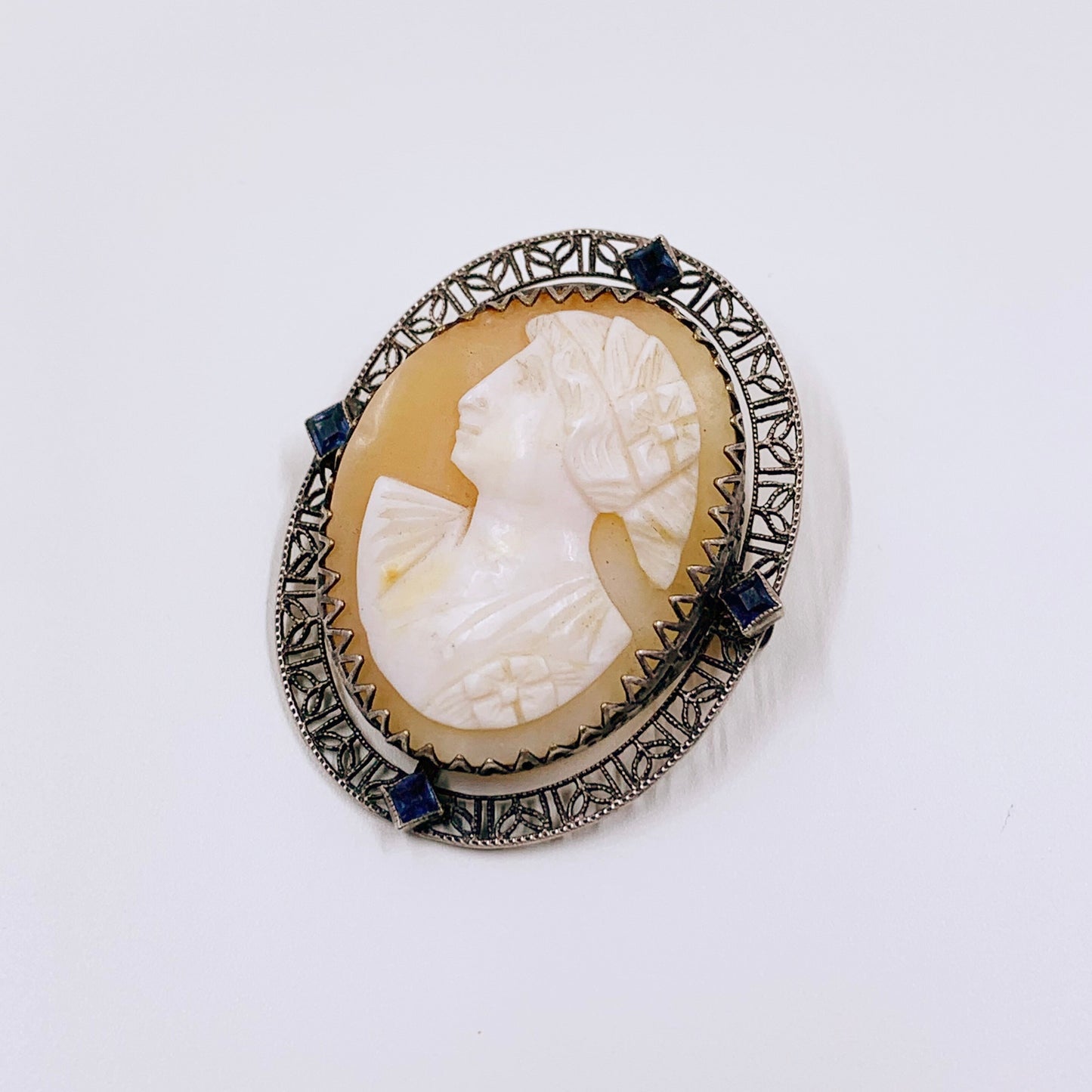 Vintage Silver Cameo Brooch | Blue Glass