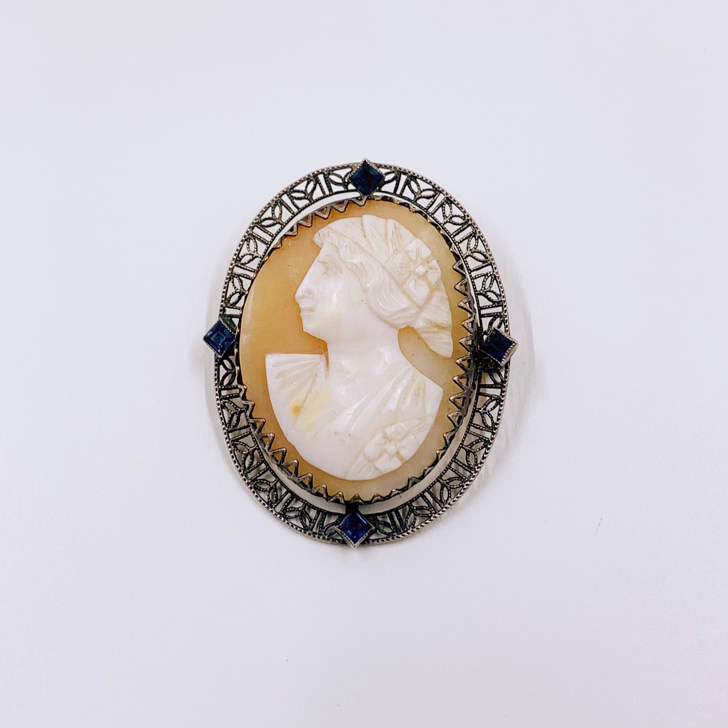 Vintage Silver Cameo Brooch | Blue Glass