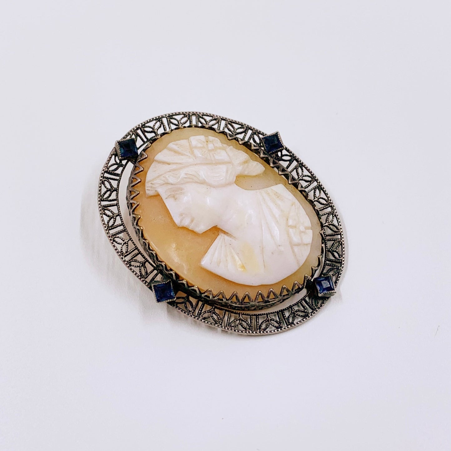 Vintage Silver Cameo Brooch | Blue Glass