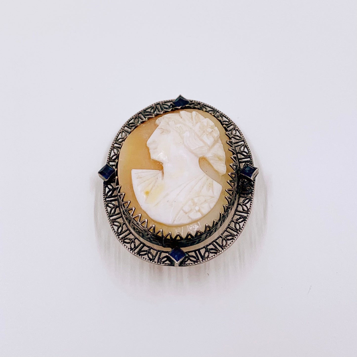 Vintage Silver Cameo Brooch | Blue Glass