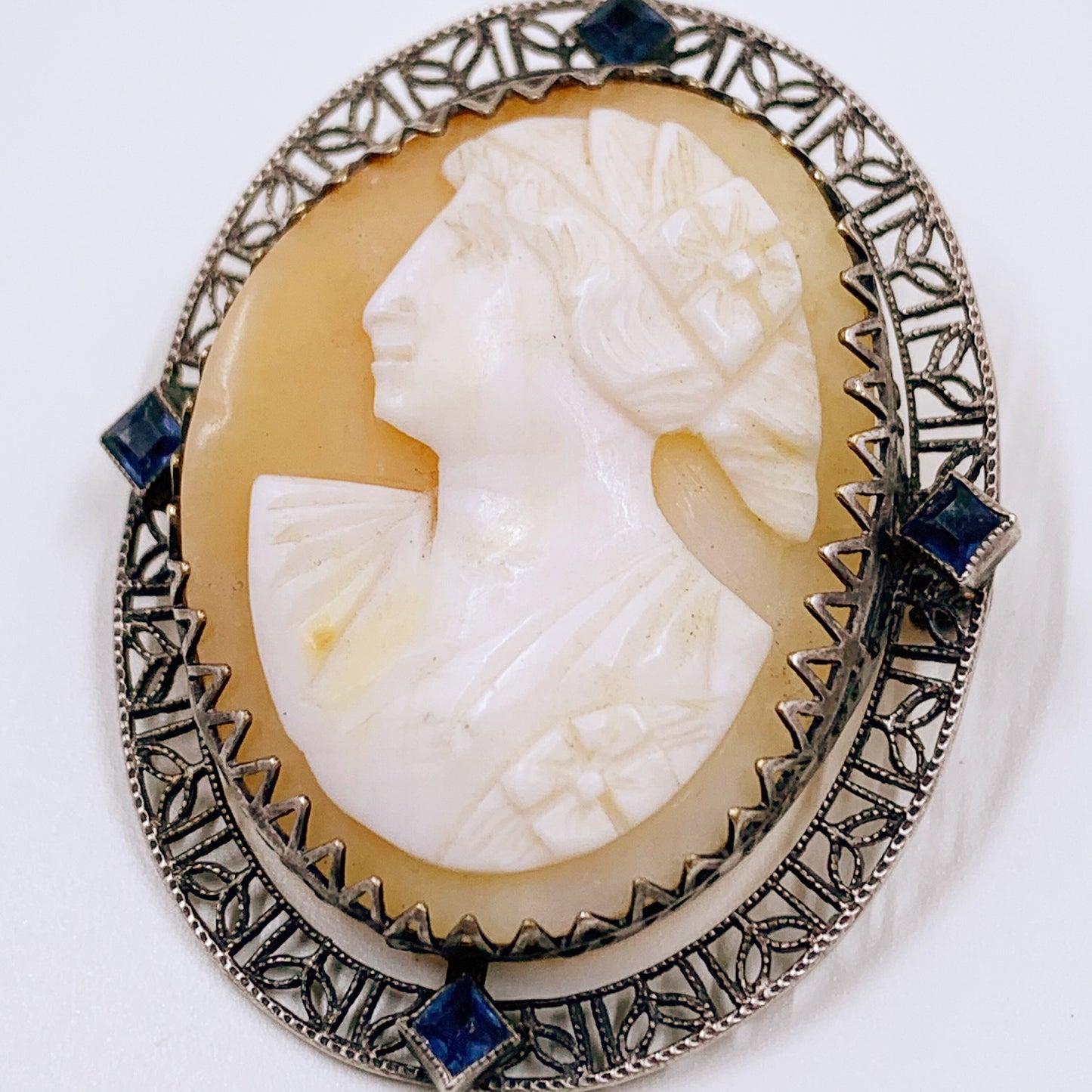 Vintage Silver Cameo Brooch | Blue Glass