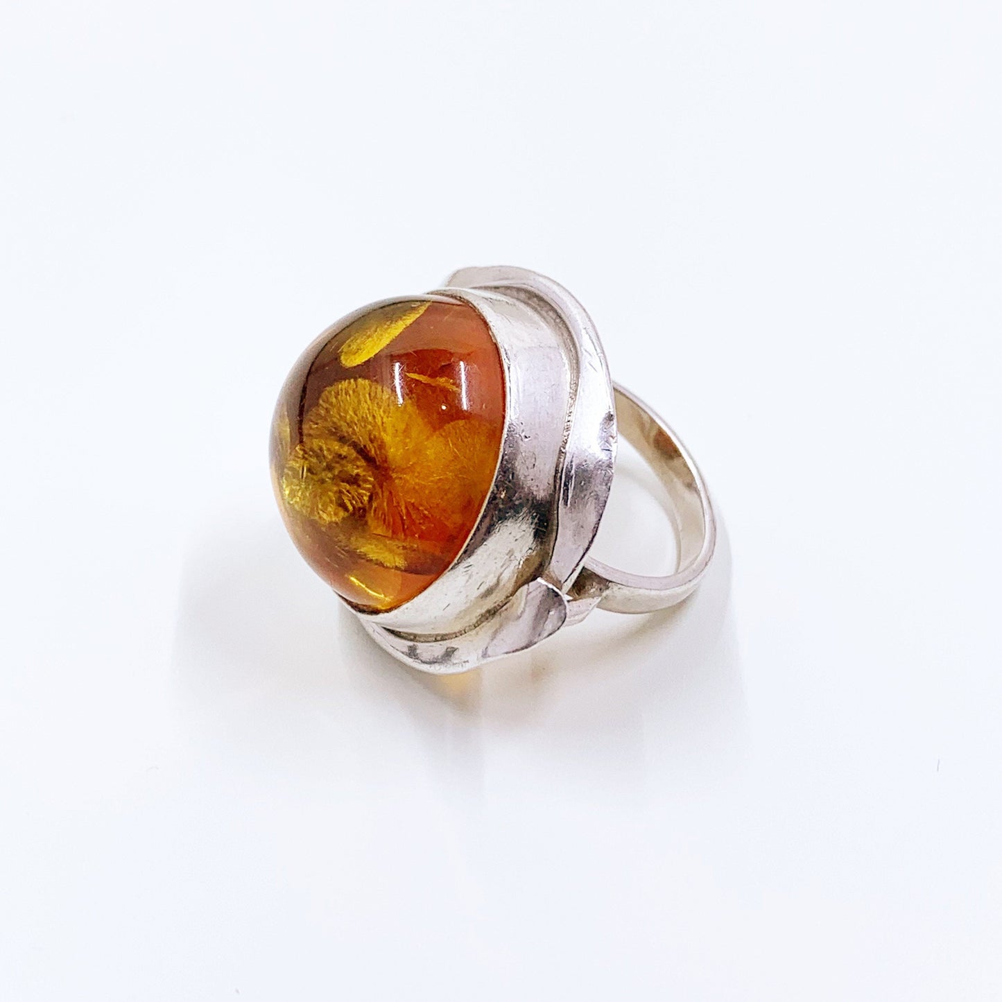 Vintage Silver Amber Ring | Large Amber Statement Ring | Size 6
