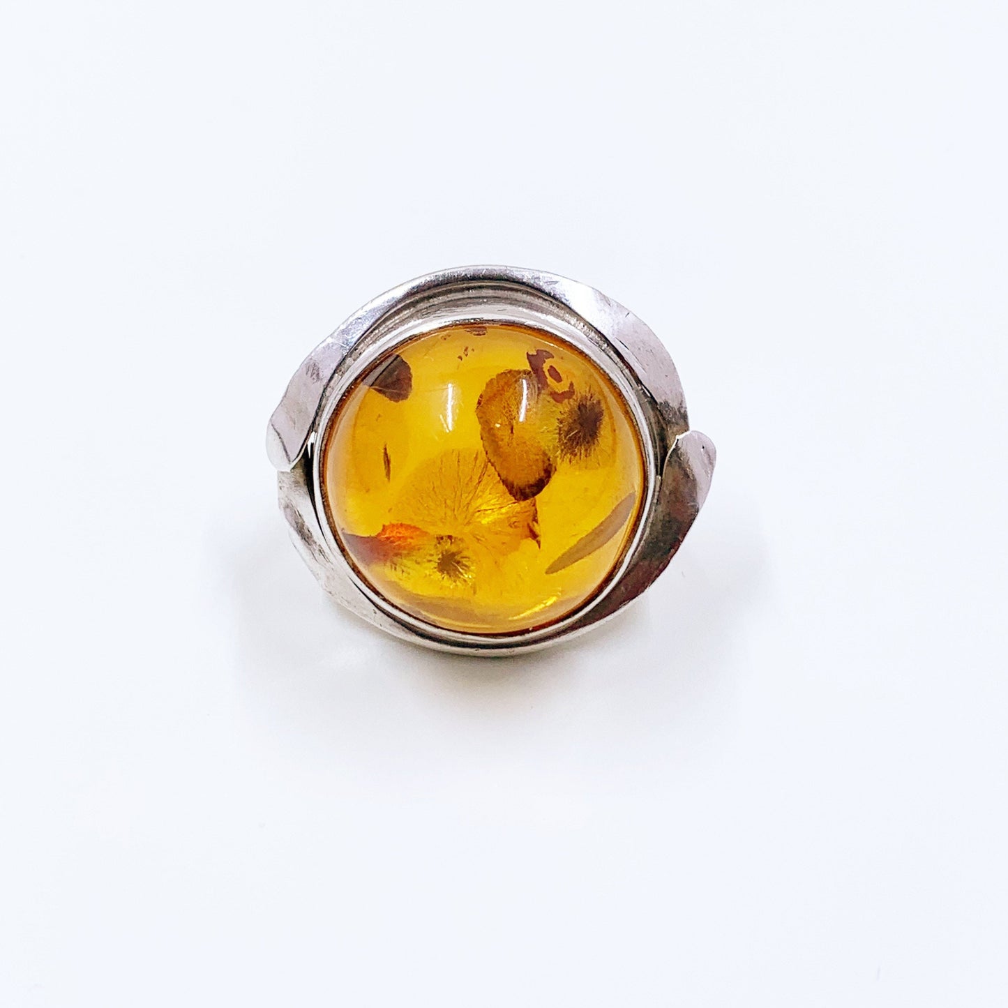 Vintage Silver Amber Ring | Large Amber Statement Ring | Size 6