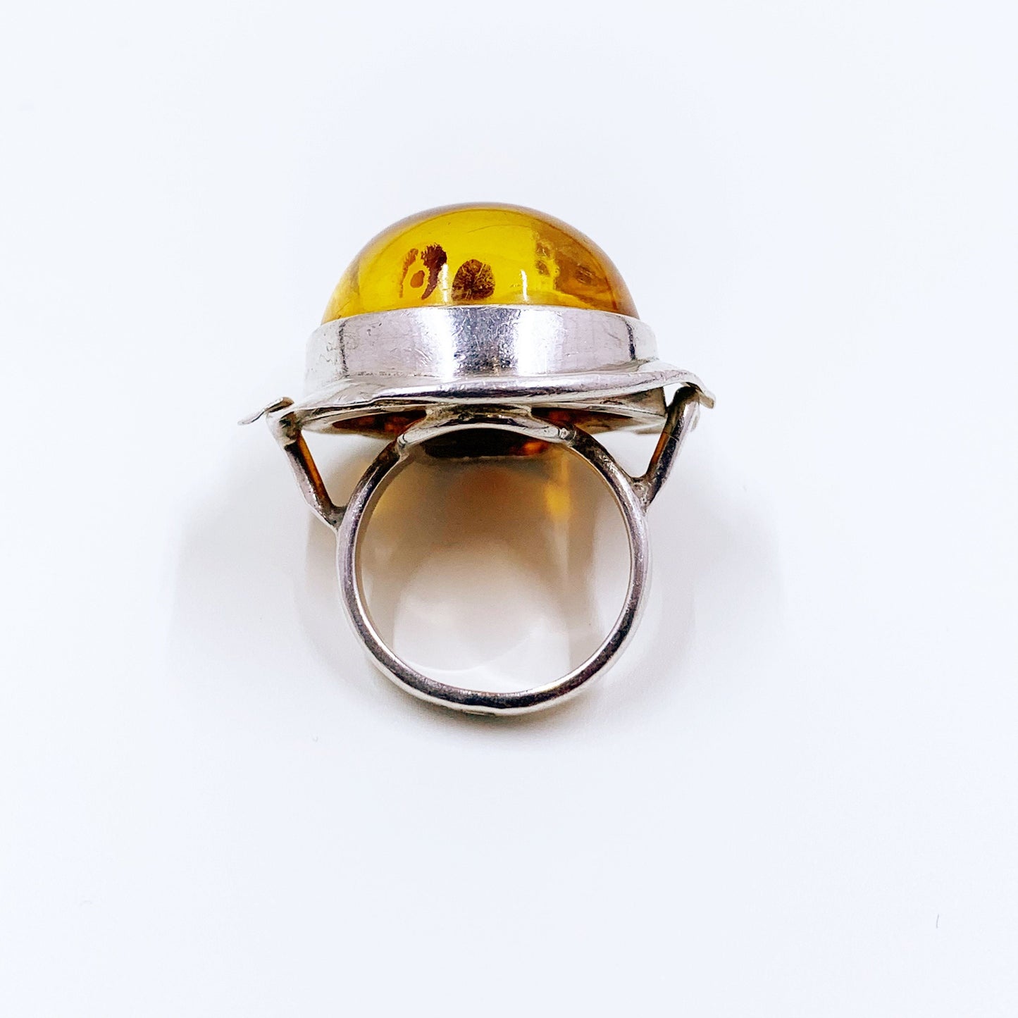 Vintage Silver Amber Ring | Large Amber Statement Ring | Size 6