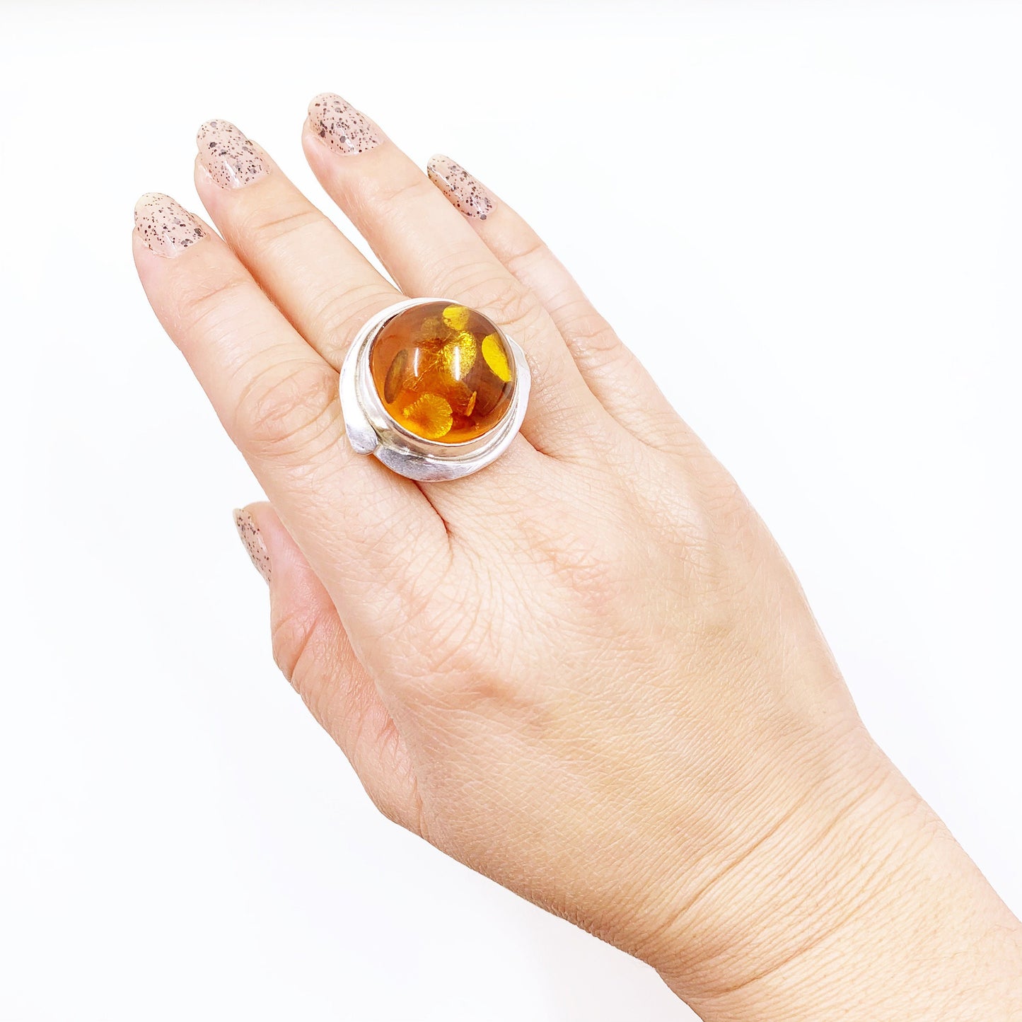 Vintage Silver Amber Ring | Large Amber Statement Ring | Size 6