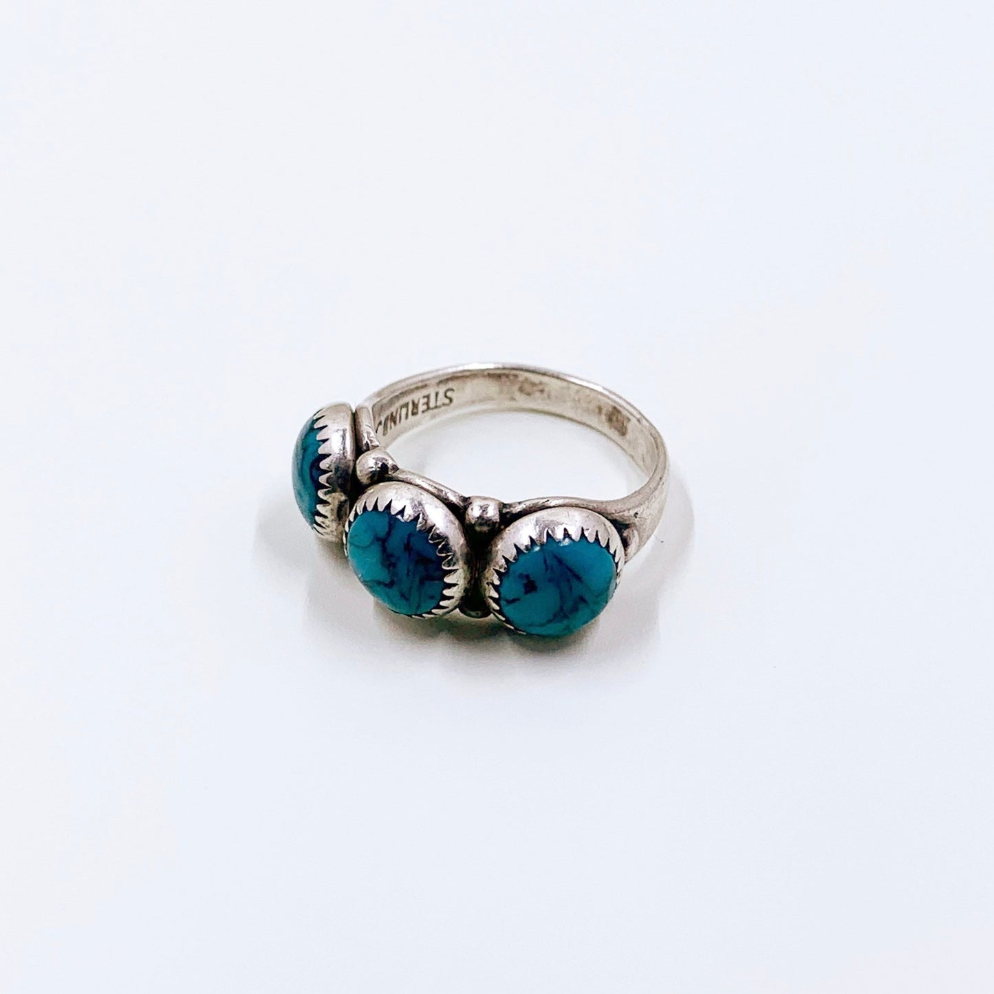 Vintage Silver Turquoise Three Stone Ring | Pacific Jewelry Manufacturing Co. Ring | Size 4.75