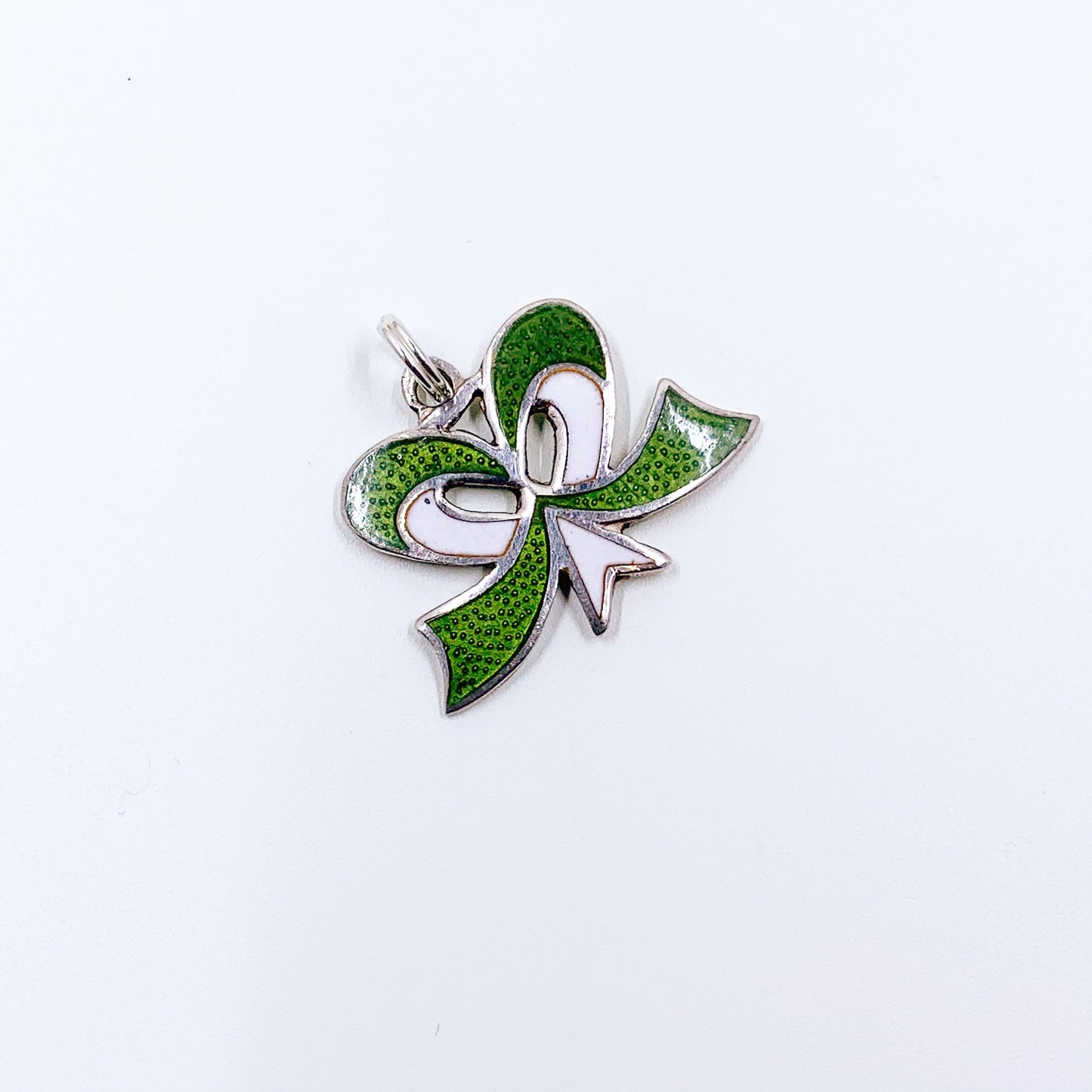 Vintage Silver Enamel Bow Charm | Green and White Enamel Charm