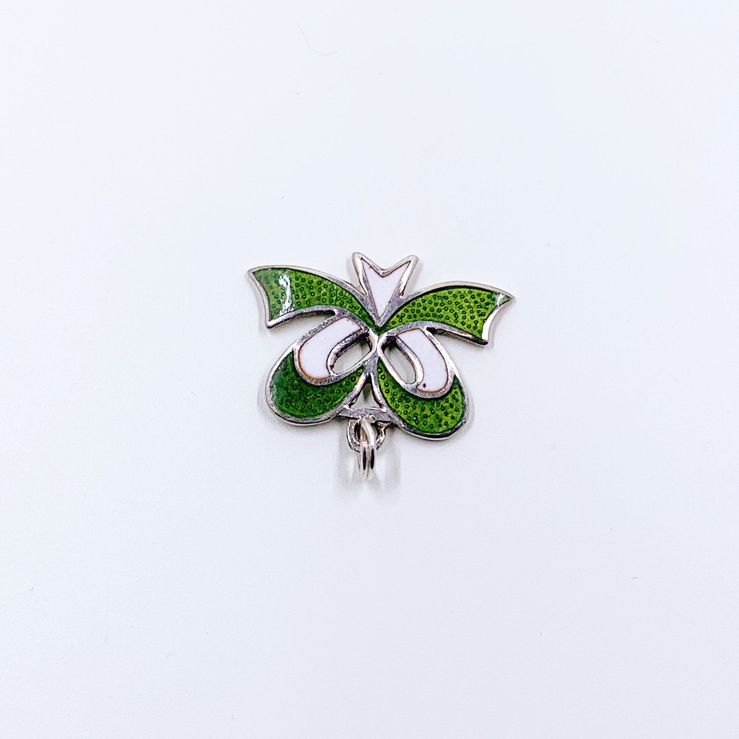 Vintage Silver Enamel Bow Charm | Green and White Enamel Charm