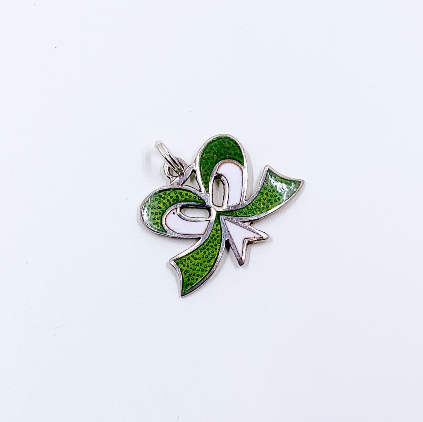 Vintage Silver Enamel Bow Charm | Green and White Enamel Charm