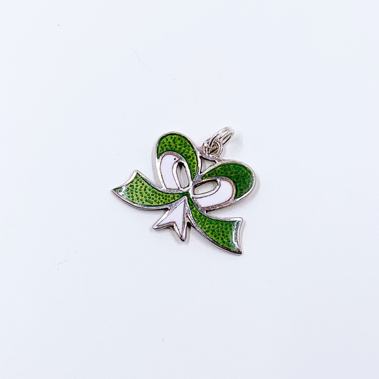 Vintage Silver Enamel Bow Charm | Green and White Enamel Charm