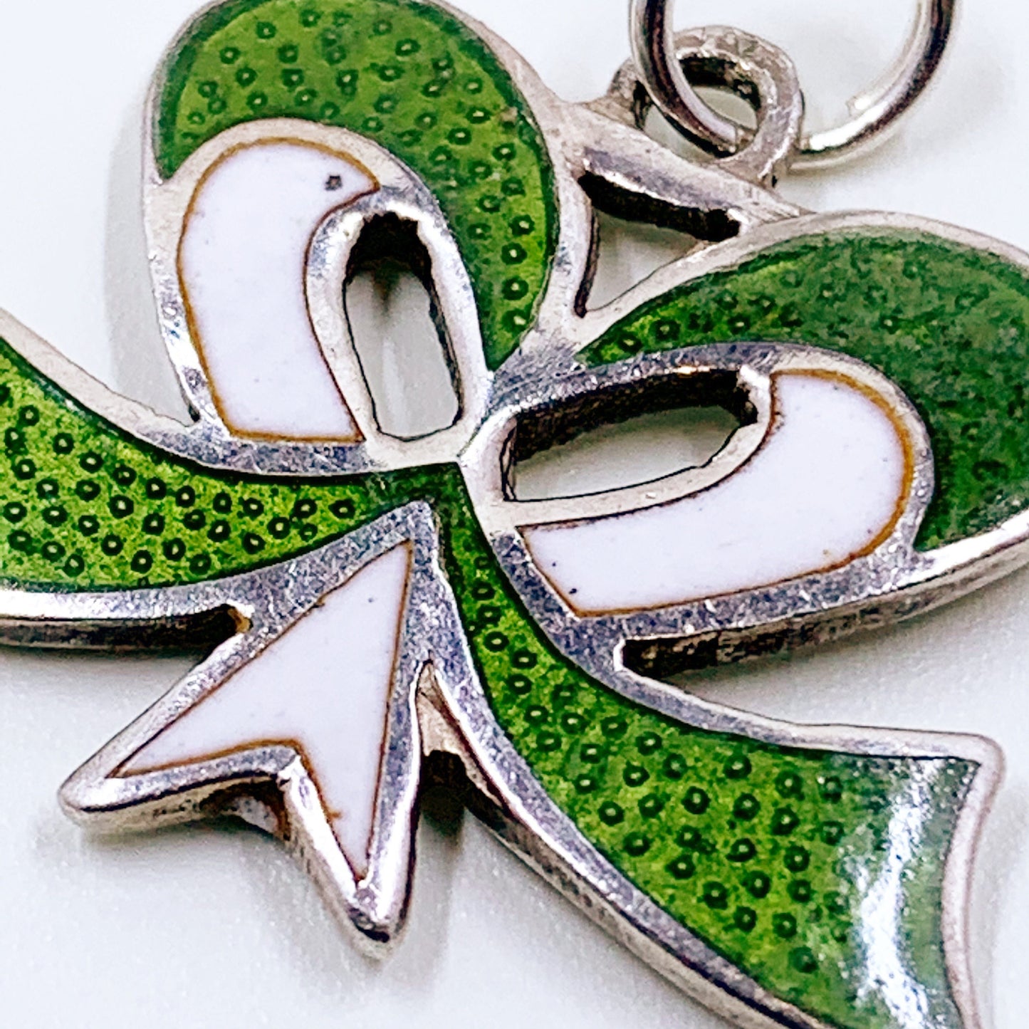 Vintage Silver Enamel Bow Charm | Green and White Enamel Charm