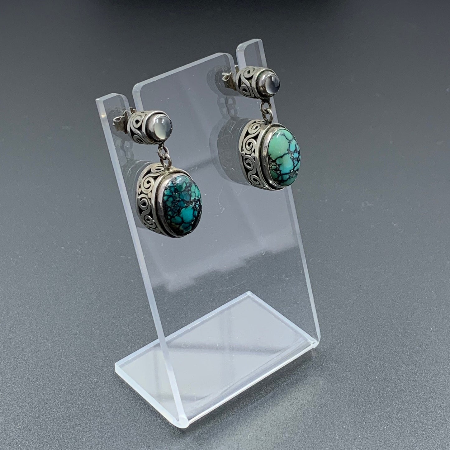 Vintage Silver Moonstone and Turquoise Drop Earrings | Silver Swirl Pattern | Multi-Stone Earrings