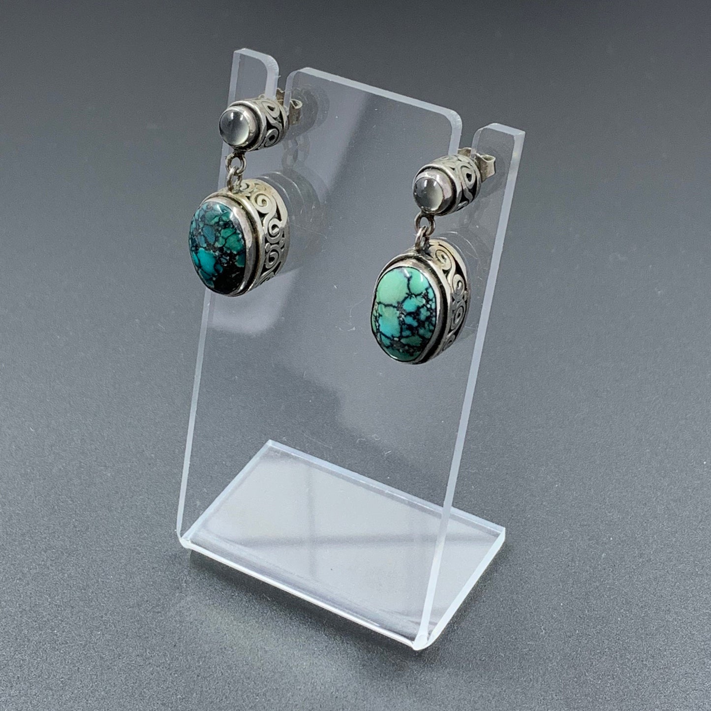 Vintage Silver Moonstone and Turquoise Drop Earrings | Silver Swirl Pattern | Multi-Stone Earrings