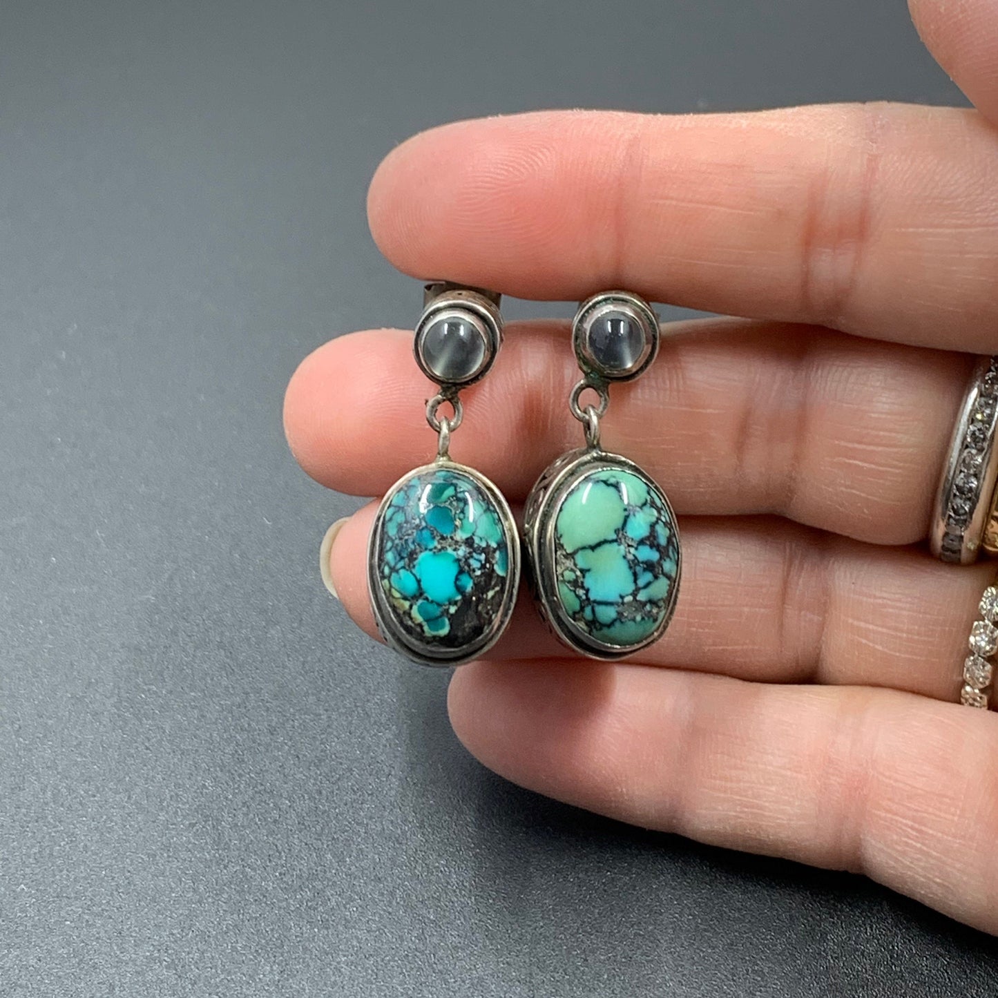 Vintage Silver Moonstone and Turquoise Drop Earrings | Silver Swirl Pattern | Multi-Stone Earrings