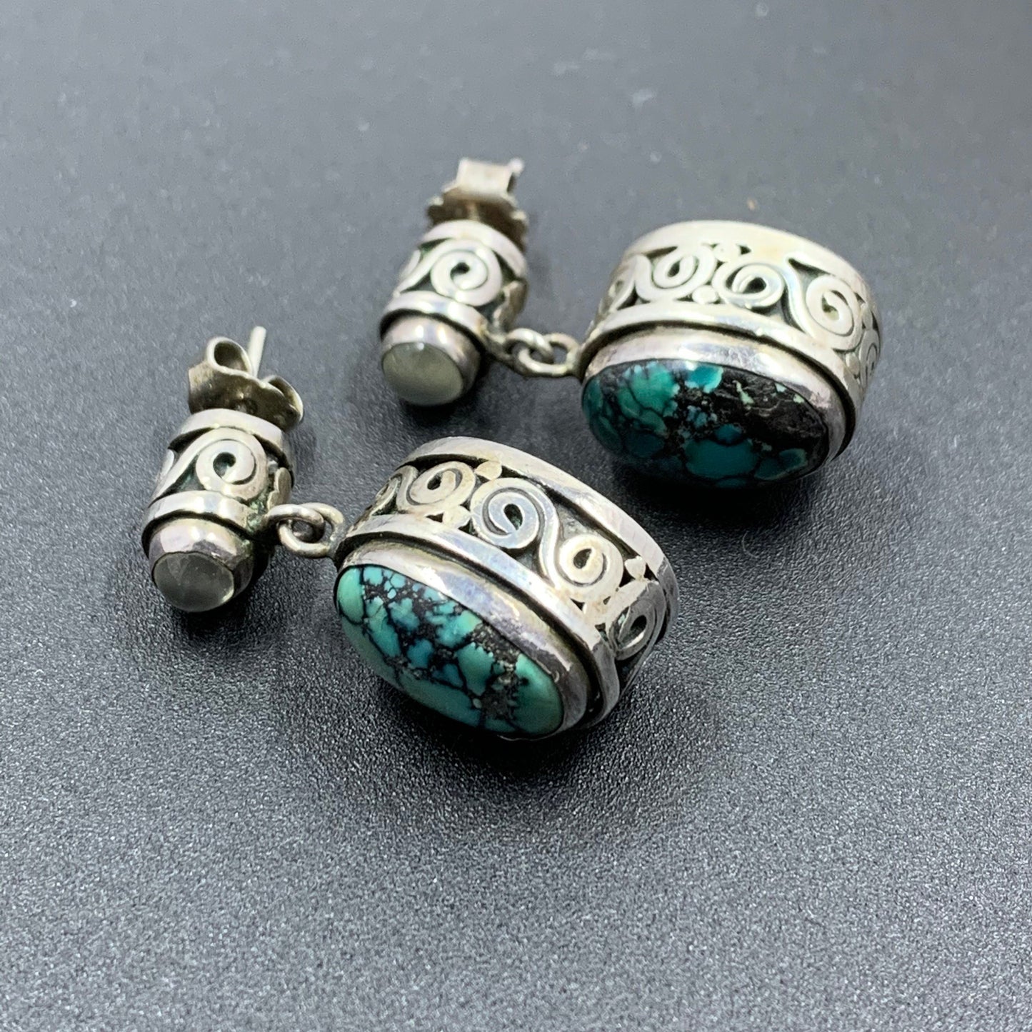 Vintage Silver Moonstone and Turquoise Drop Earrings | Silver Swirl Pattern | Multi-Stone Earrings