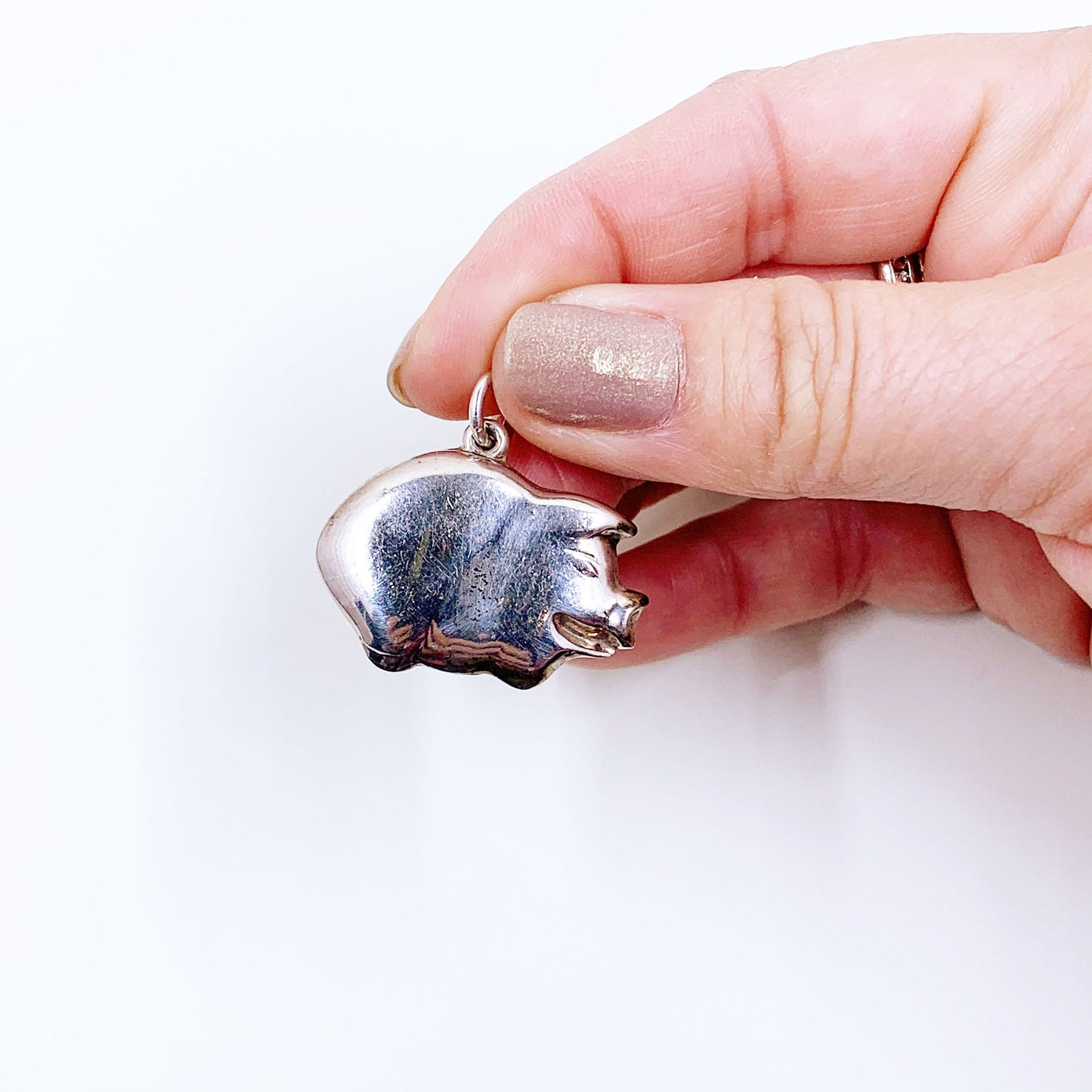 Vintage Silver Puffy Pig Pendant | 3D Pig Charm