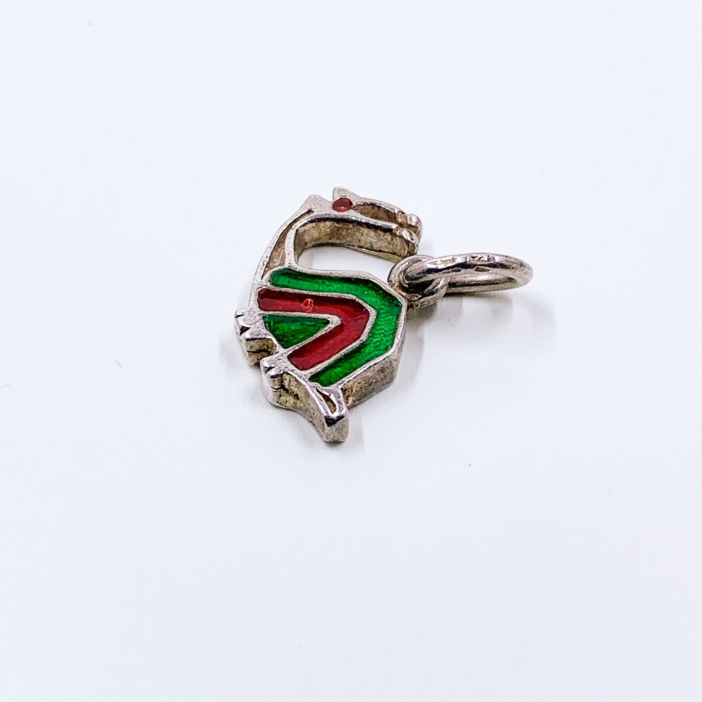 Vintage Silver Enamel Snail Charm | Green and Red Enamel Charm | Garden Snail