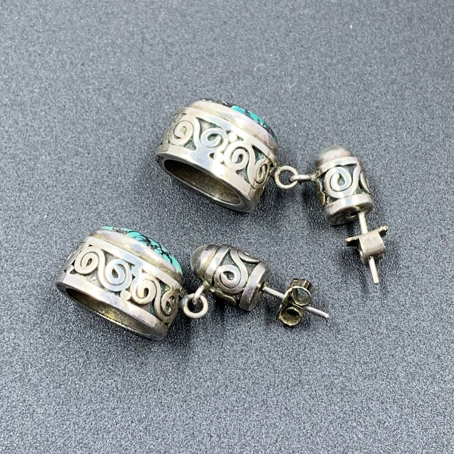 Vintage Silver Moonstone and Turquoise Drop Earrings | Silver Swirl Pattern | Multi-Stone Earrings