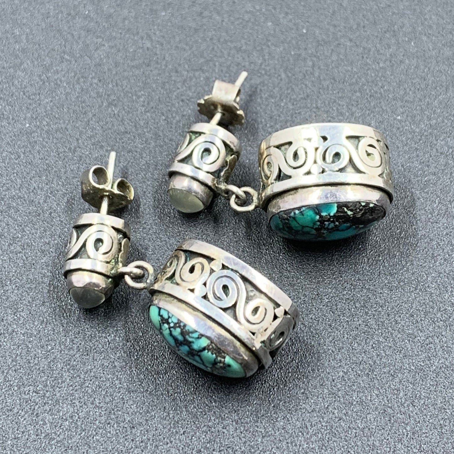 Vintage Silver Moonstone and Turquoise Drop Earrings | Silver Swirl Pattern | Multi-Stone Earrings