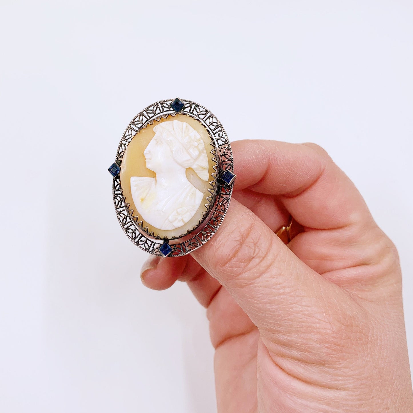 Vintage Silver Cameo Brooch | Blue Glass