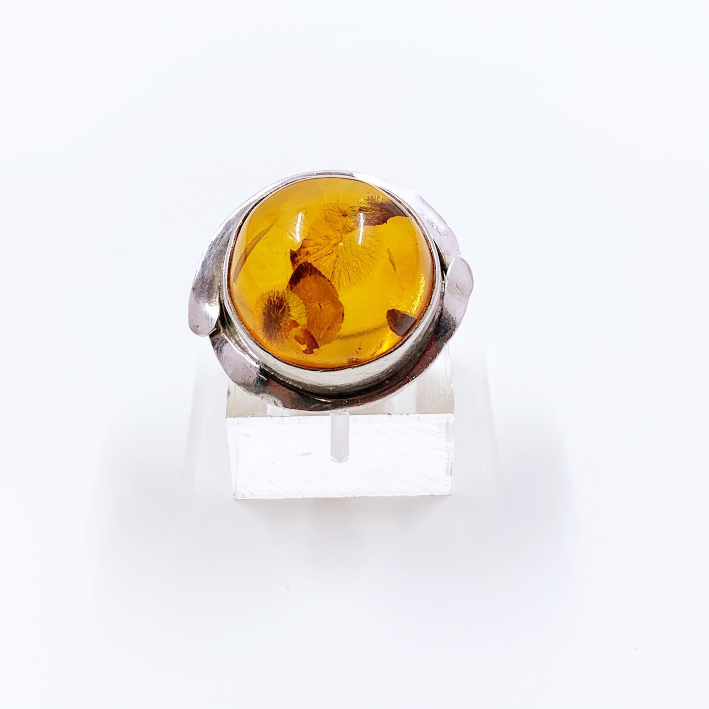 Vintage Silver Amber Ring | Large Amber Statement Ring | Size 6