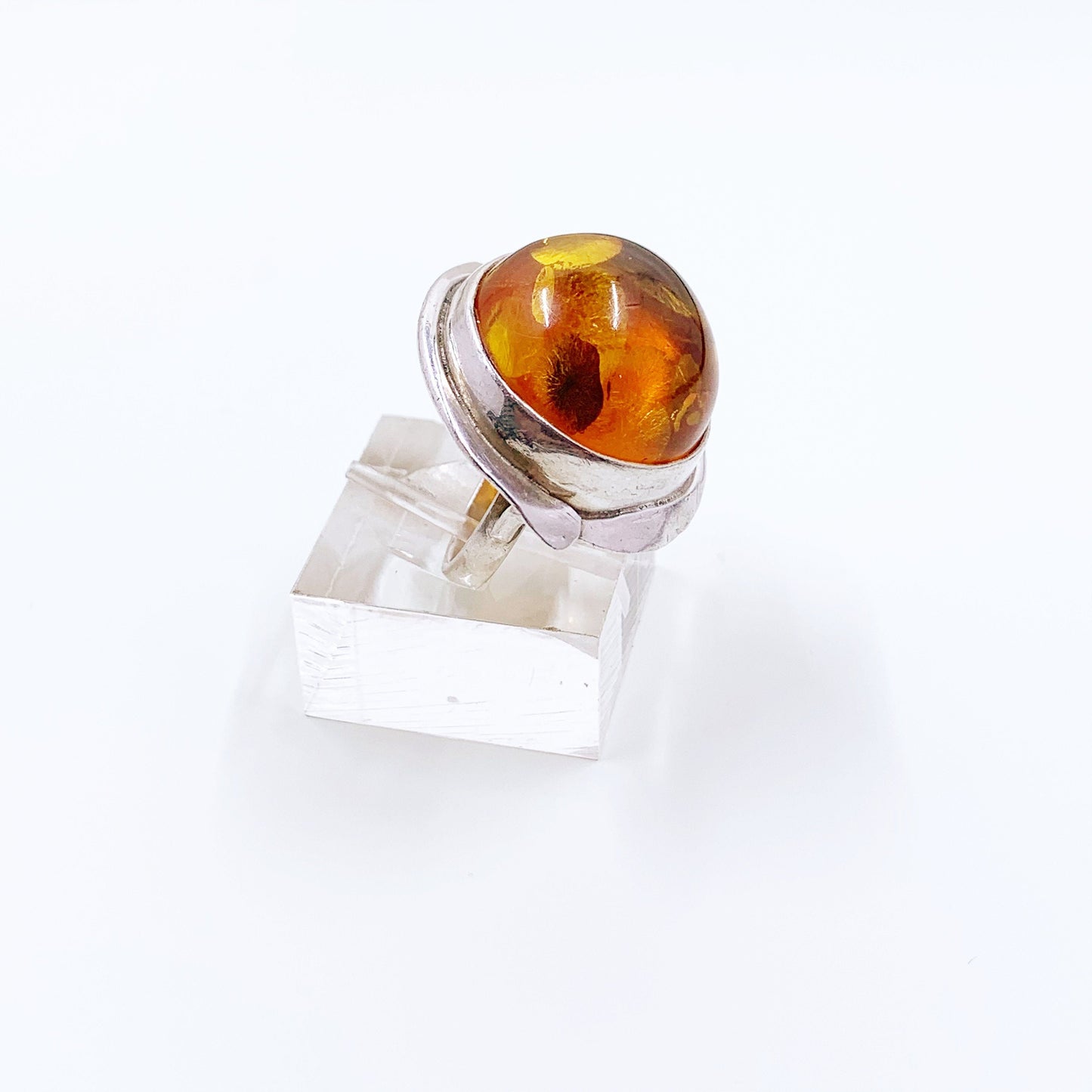 Vintage Silver Amber Ring | Large Amber Statement Ring | Size 6