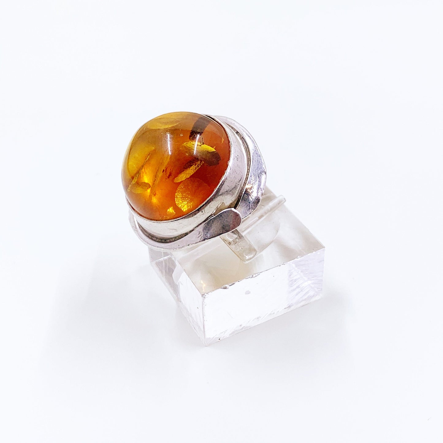 Vintage Silver Amber Ring | Large Amber Statement Ring | Size 6