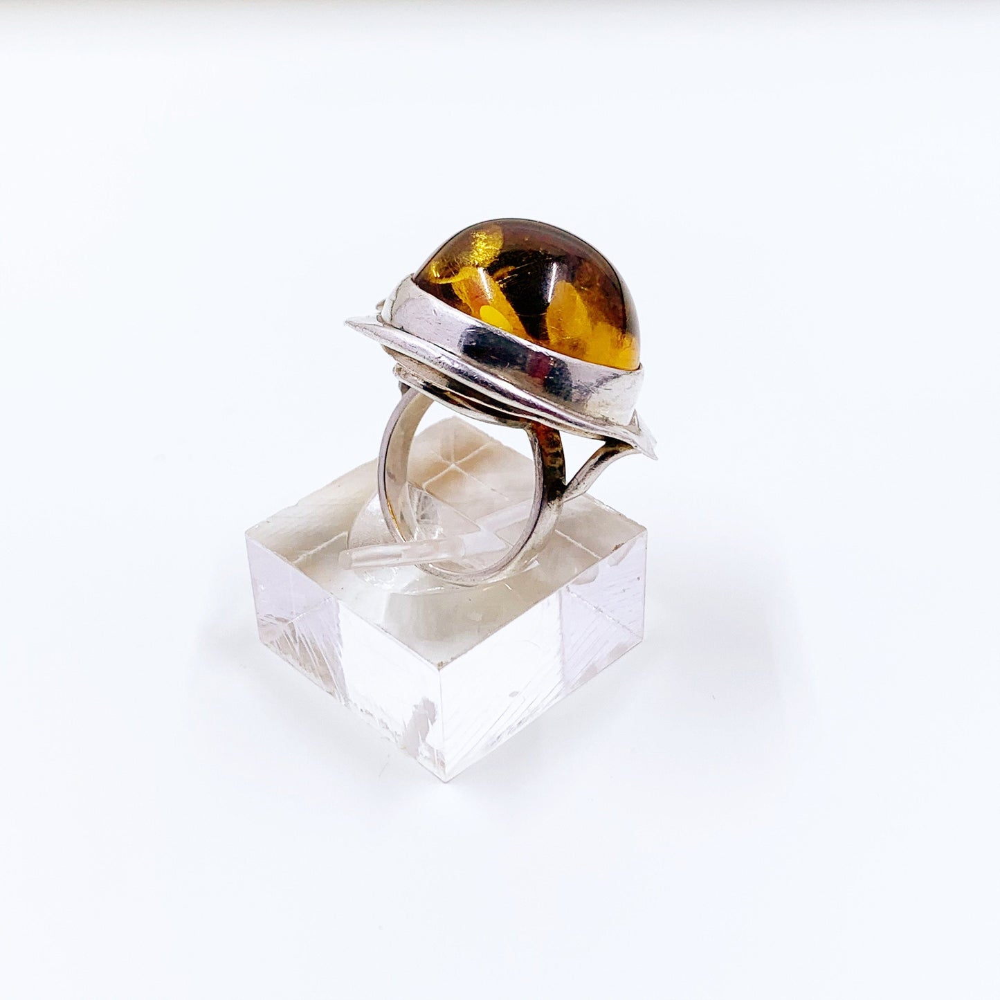 Vintage Silver Amber Ring | Large Amber Statement Ring | Size 6