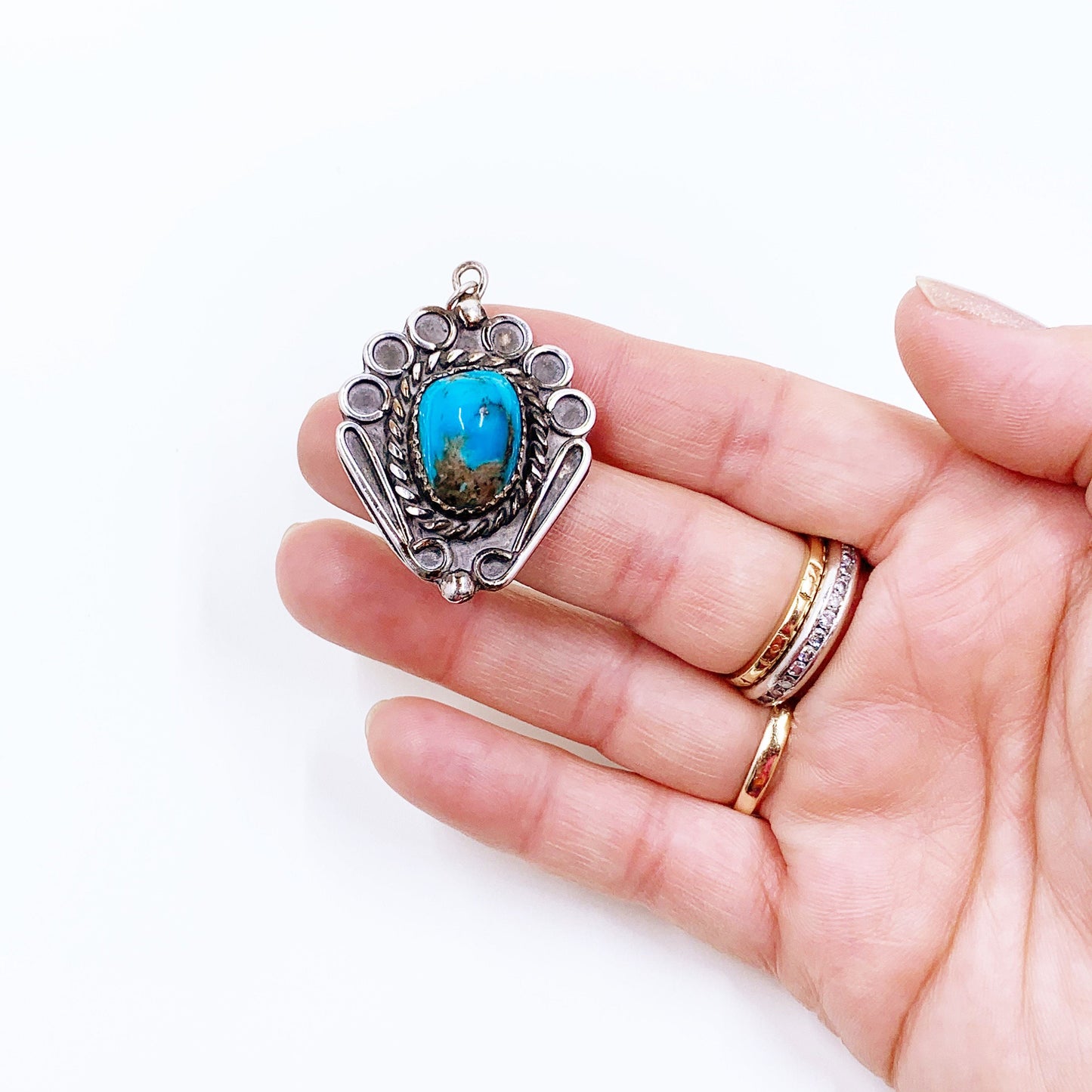 Vintage Silver Turquoise Pendant | Silver Turquoise Wirework Pendant