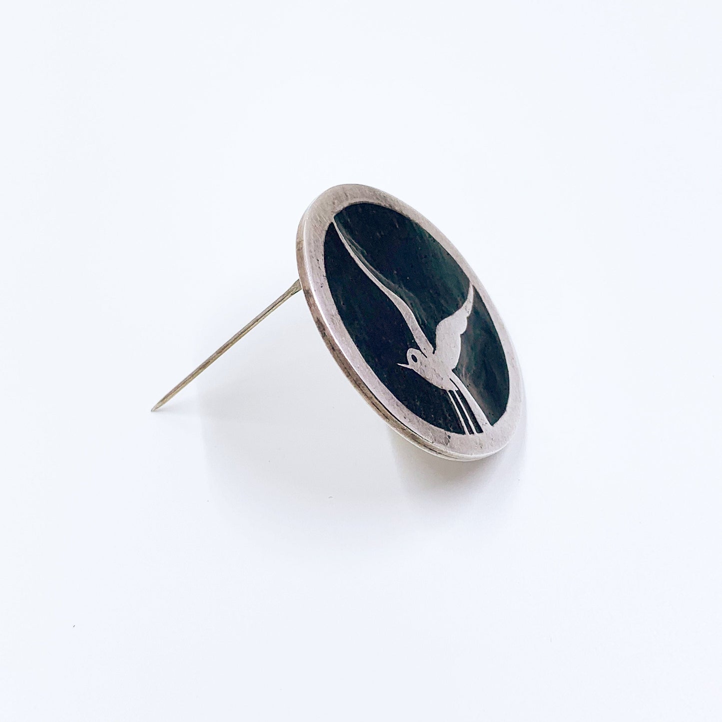 Vintage Sterling Bird Inlay Brooch | Modernist Wood Inlay Brooch | Silver Swift Brooch