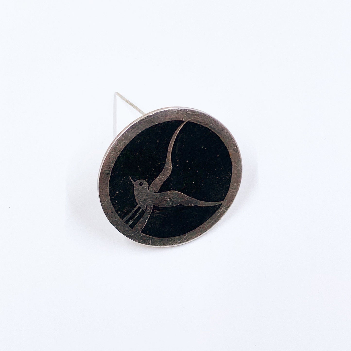 Vintage Sterling Bird Inlay Brooch | Modernist Wood Inlay Brooch | Silver Swift Brooch