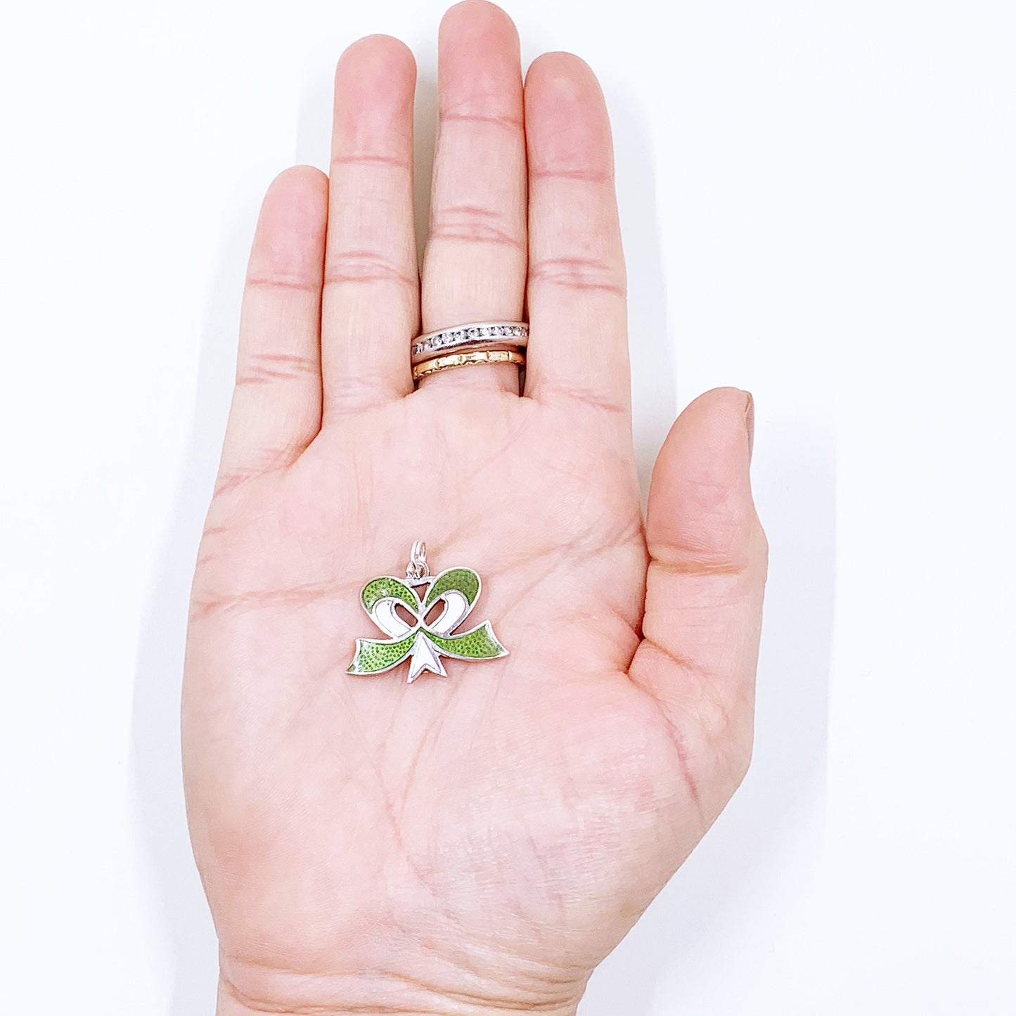 Vintage Silver Enamel Bow Charm | Green and White Enamel Charm