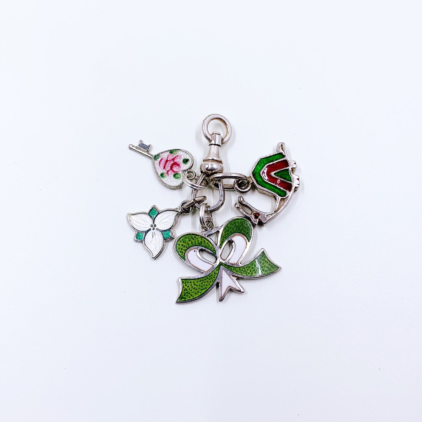 Vintage Silver Enamel Bow Charm | Green and White Enamel Charm