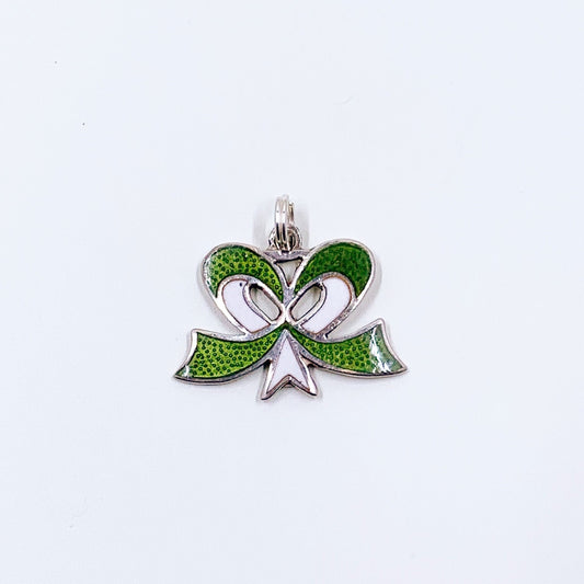 Vintage Silver Enamel Bow Charm | Green and White Enamel Charm