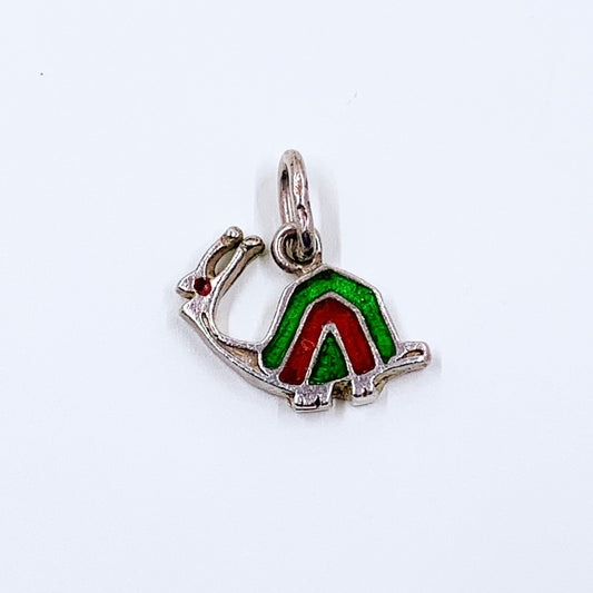 Vintage Silver Enamel Snail Charm | Green and Red Enamel Charm | Garden Snail