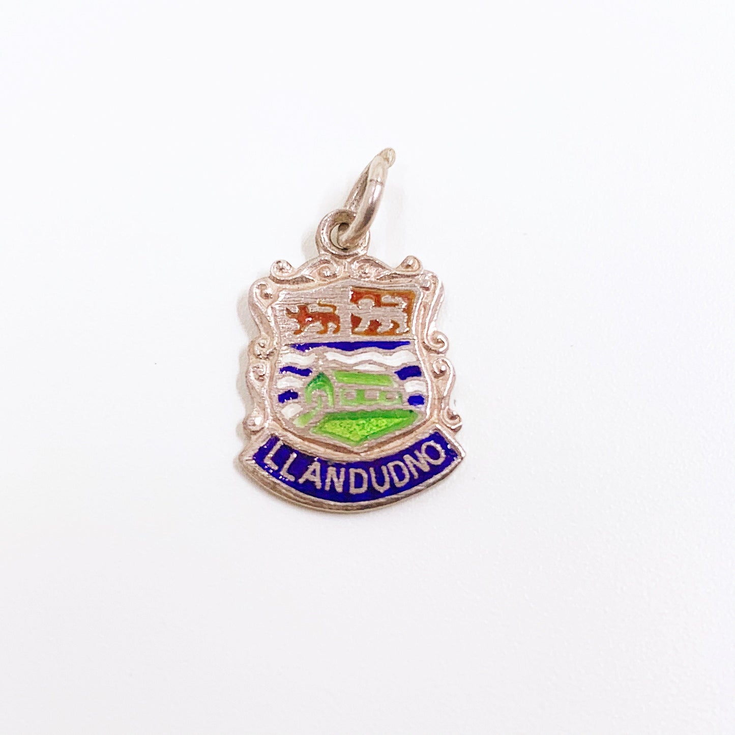 Vintage Silver Llandudo Wales Enamel Shield Charm | Vintage UK Enamel Travel Shield Charm