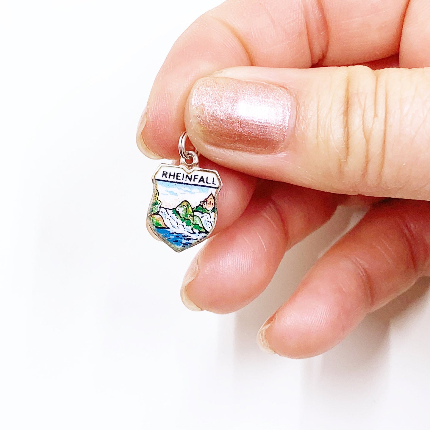 Vintage Silver Rheinfall Enamel Shield Charm | Switzerland Enamel Travel Shield Charm | 800 REU Charm