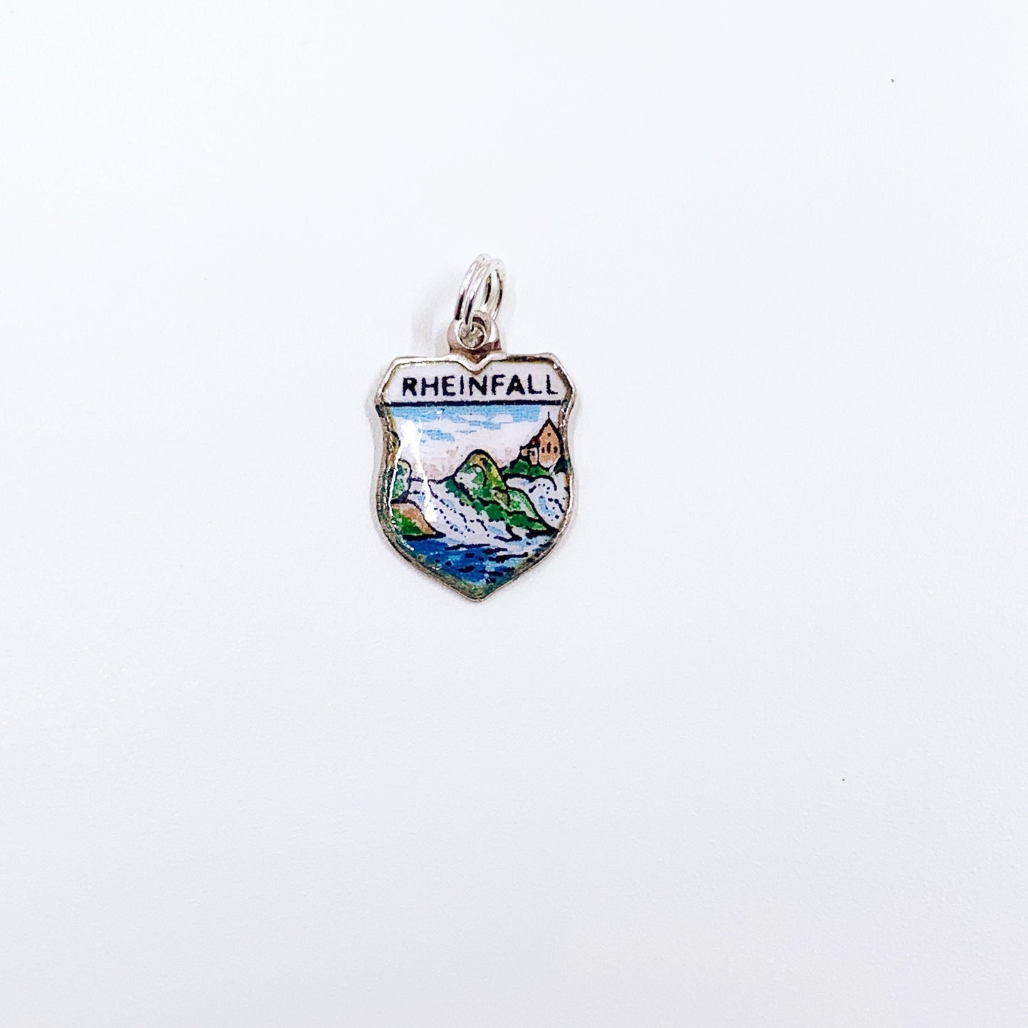 Vintage Silver Rheinfall Enamel Shield Charm | Switzerland Enamel Travel Shield Charm | 800 REU Charm