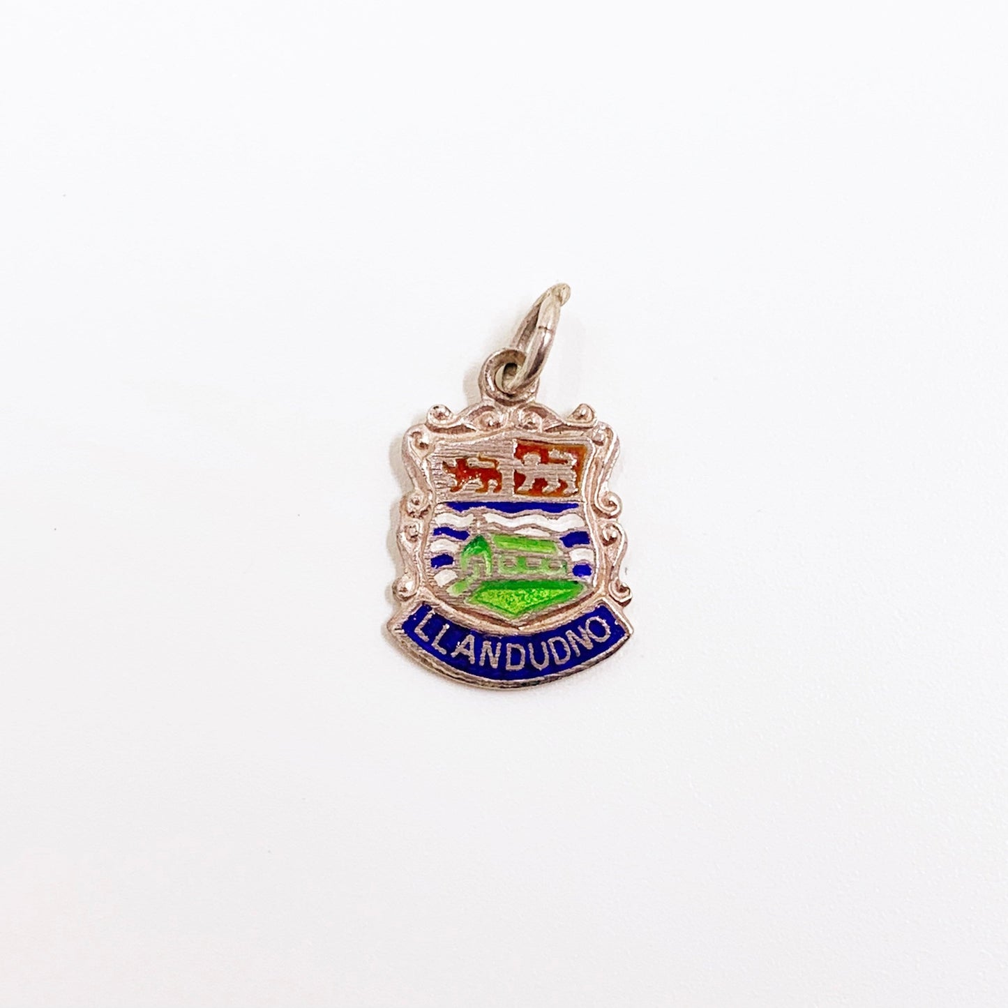 Vintage Silver Llandudo Wales Enamel Shield Charm | Vintage UK Enamel Travel Shield Charm