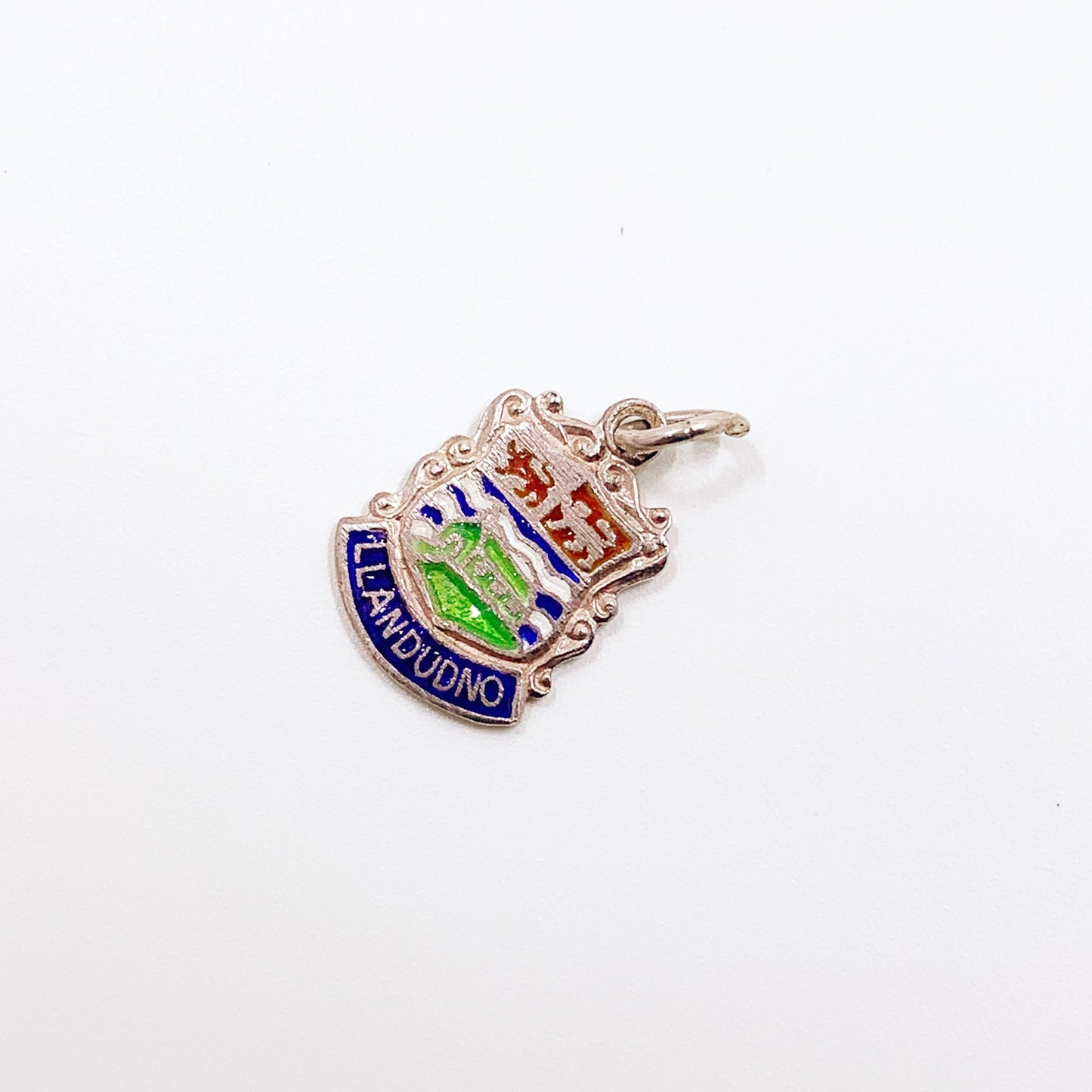 Vintage Silver Llandudo Wales Enamel Shield Charm | Vintage UK Enamel Travel Shield Charm